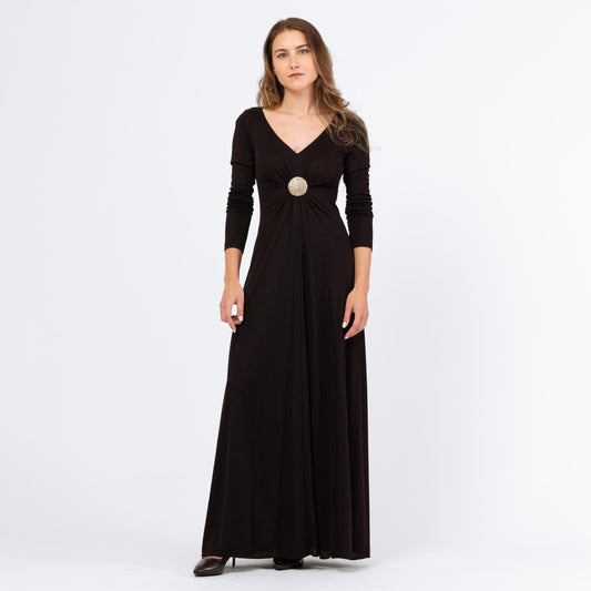 Vintage 70s Black Rhinestone Waist Formal Maxi Dress - XXS | Long Sleeve Jeweled A Line V Neck Disco Hostess Evening Gown