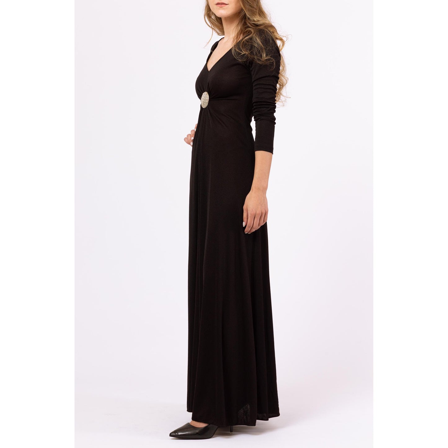 Vintage 70s Black Rhinestone Waist Formal Maxi Dress - XXS | Long Sleeve Jeweled A Line V Neck Disco Hostess Evening Gown