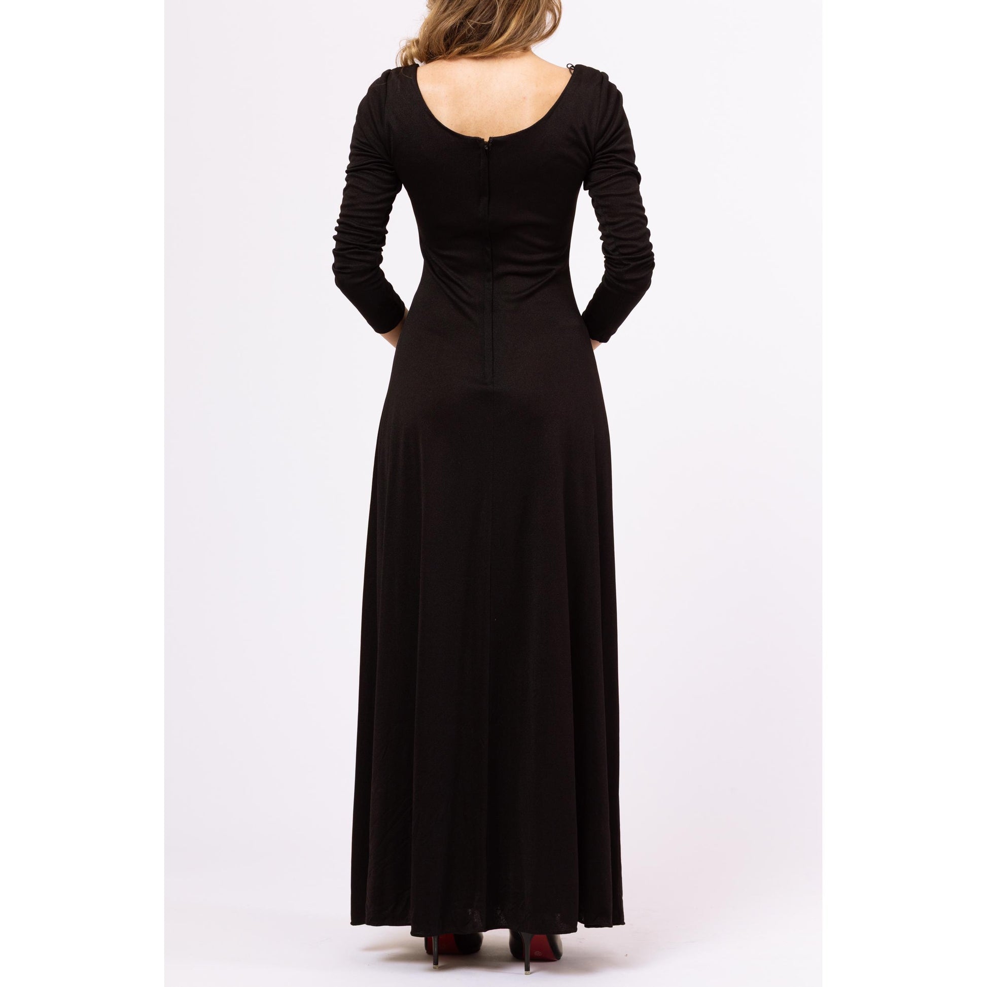 Vintage 70s Black Rhinestone Waist Formal Maxi Dress - XXS | Long Sleeve Jeweled A Line V Neck Disco Hostess Evening Gown