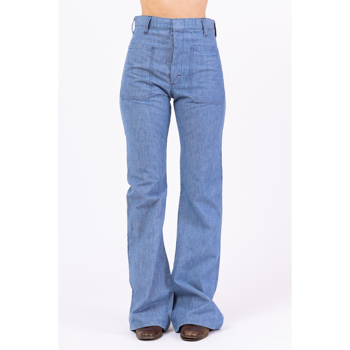 Vintage 70s Chambray Flare Sailor Jeans - Extra Small, 26x33 | High Rise Light Blue Cotton Bell Bottom Pants