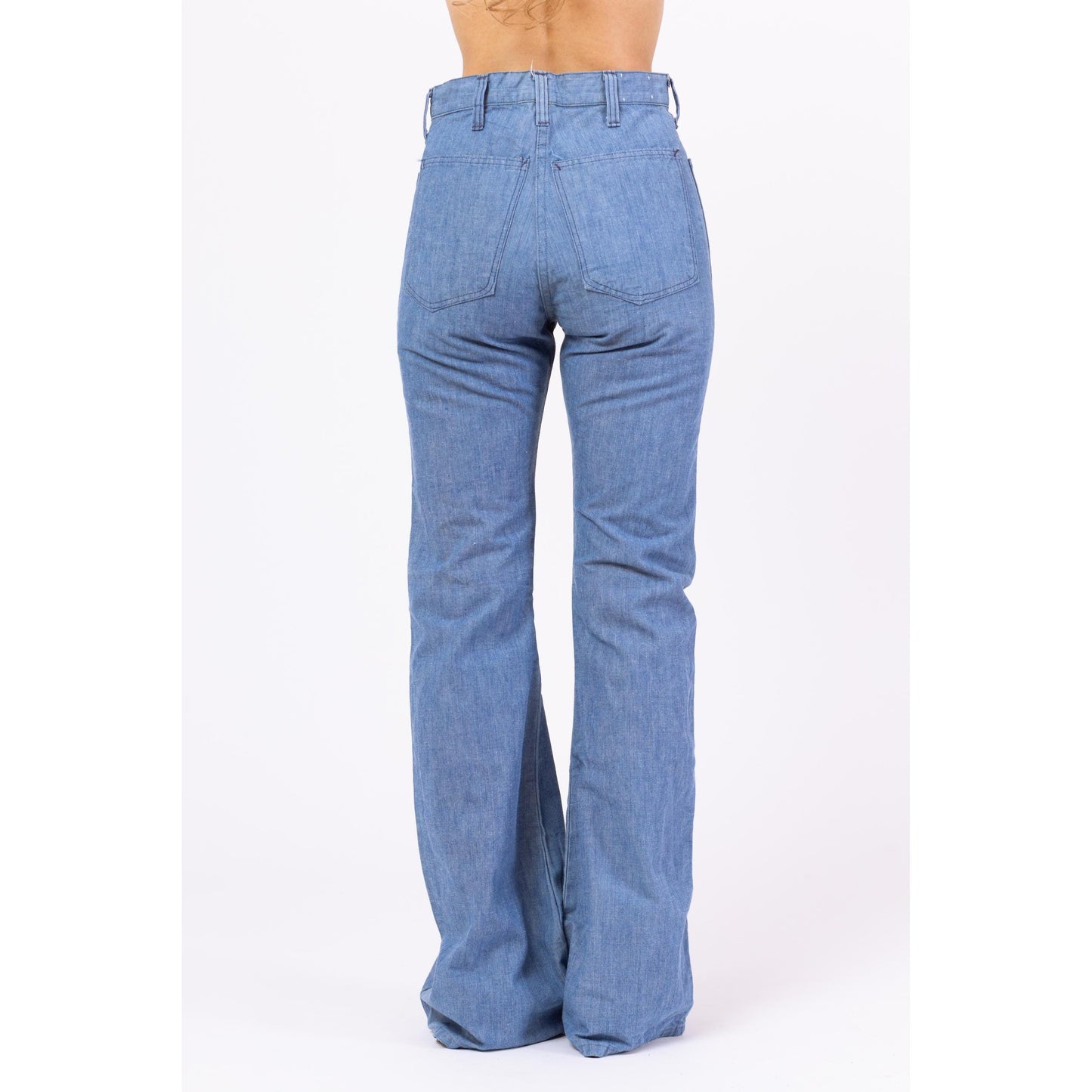 Vintage 70s Chambray Flare Sailor Jeans - Extra Small, 26x33 | High Rise Light Blue Cotton Bell Bottom Pants