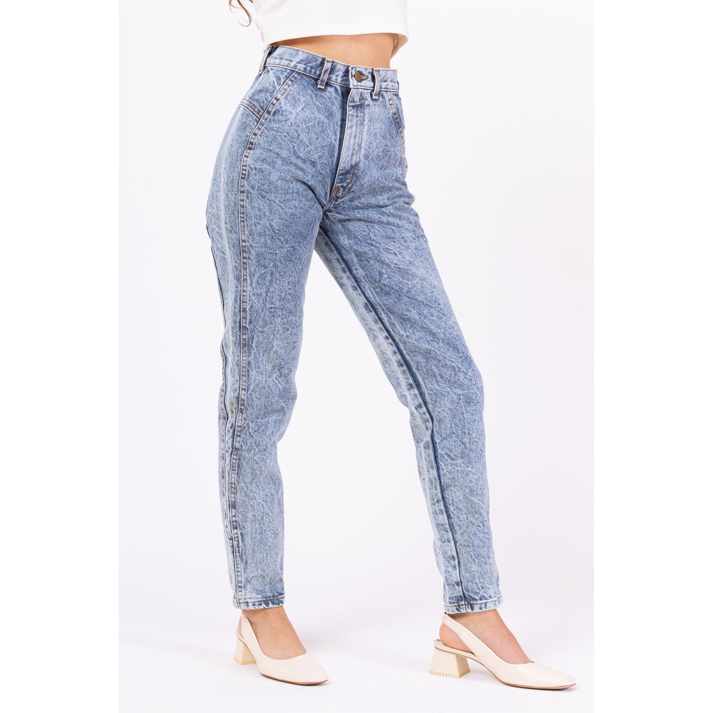 Vintage 80s Chic Acid Wash High Waist Jeans - Extra Small, 25" Waist | Light Wash Tapered Leg Denim Skinny Streetwear Jeans