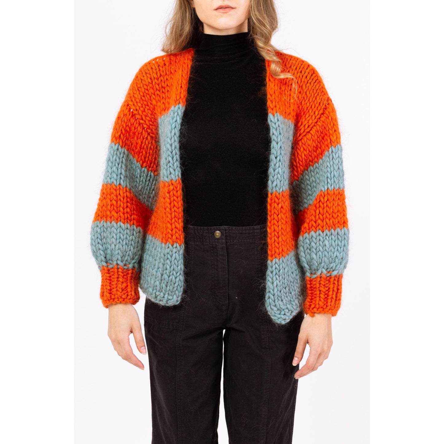 Vintage 70s Striped Chunky Knit Balloon Sleeve Cardigan - Petite Small | Handmade Orange & Blue Open Fit Wool Sweater