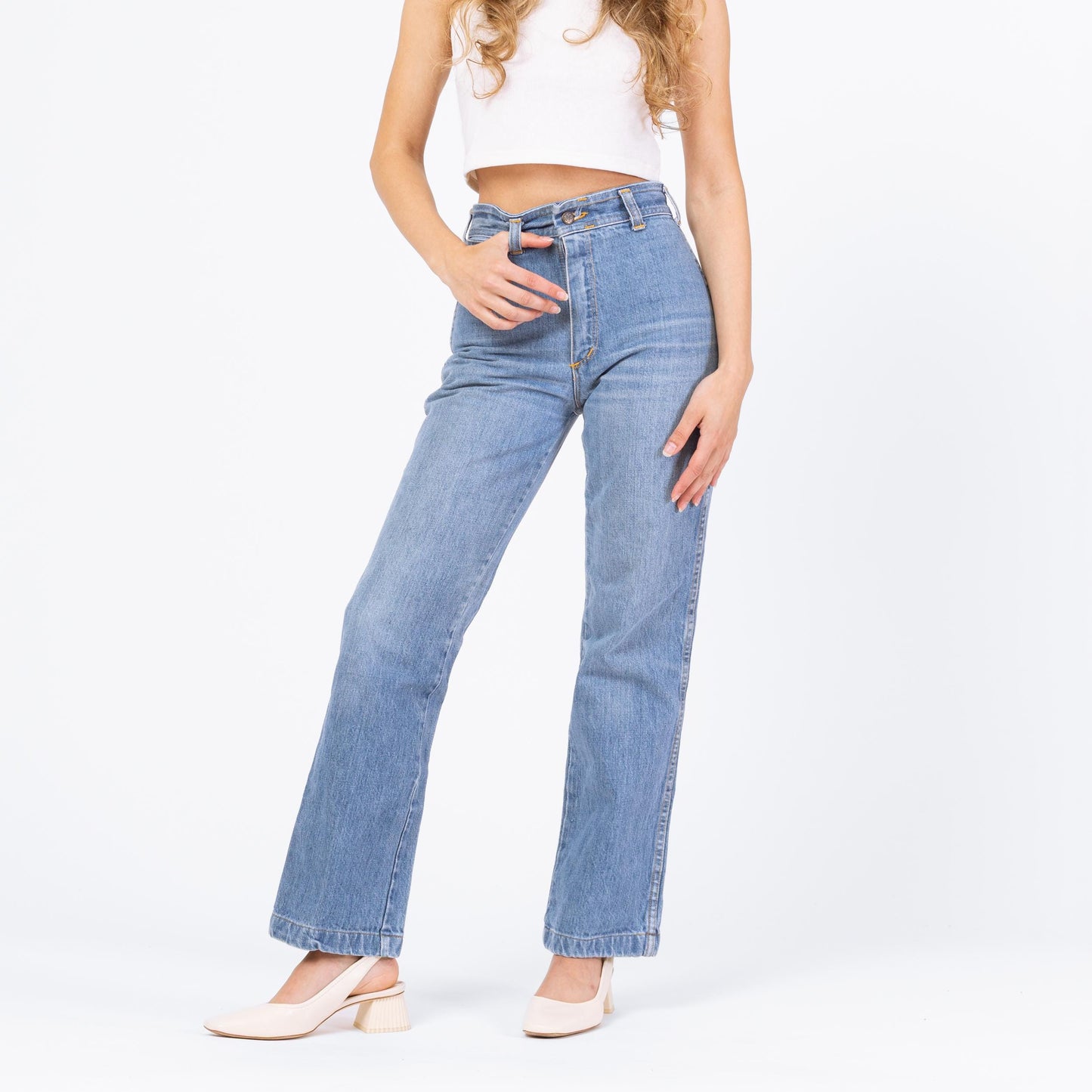 Vintage 70s Shooting Star Light Wash Straight Leg Jeans - Extra Small, 25" Waist | Embroidered High Rise Denim Mom Jeans