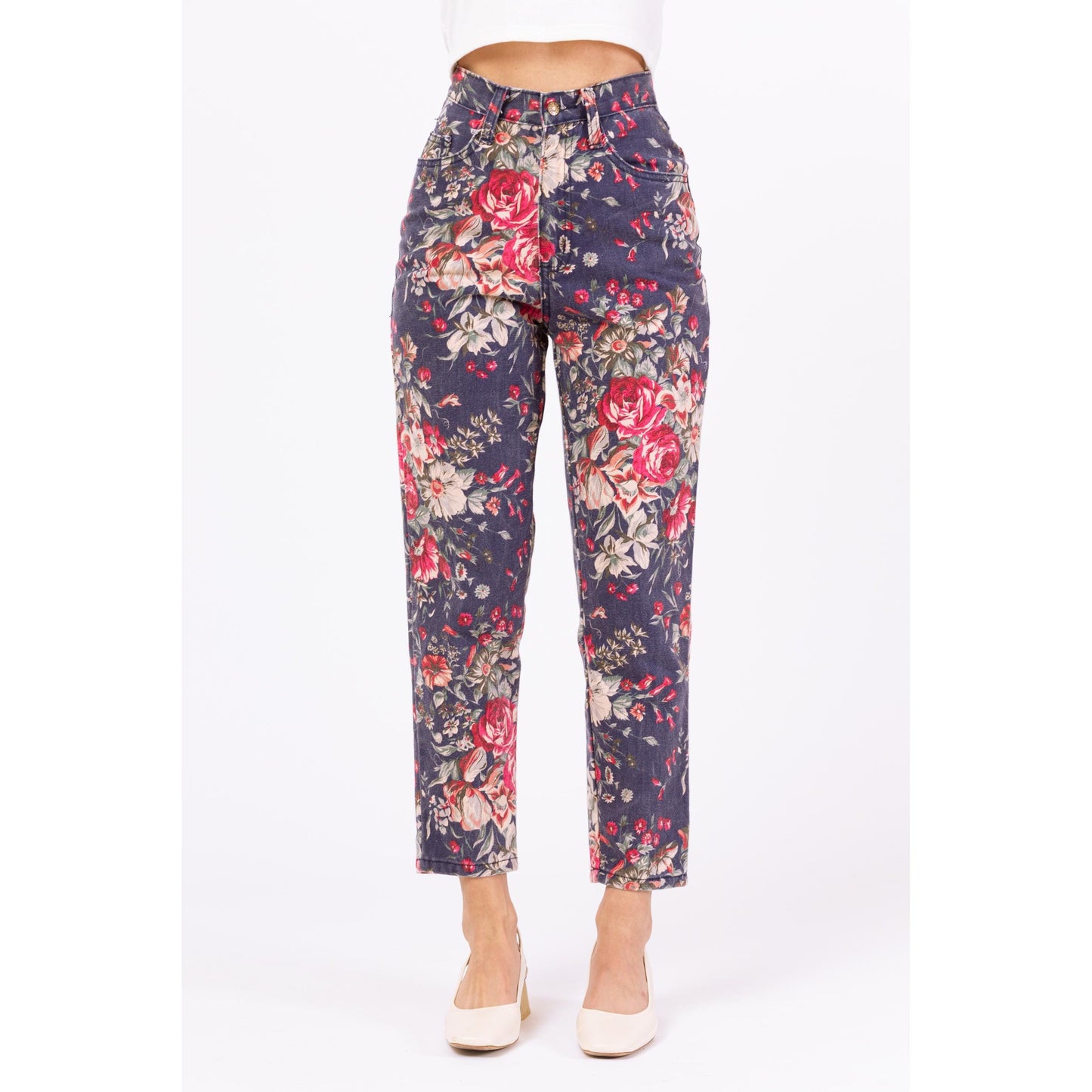 Vintage 90s Rose Print High Rise Jeans - XXS, 23" Waist | Navy Blue Floral Denim Pants, Tapered Leg Mom Jeans