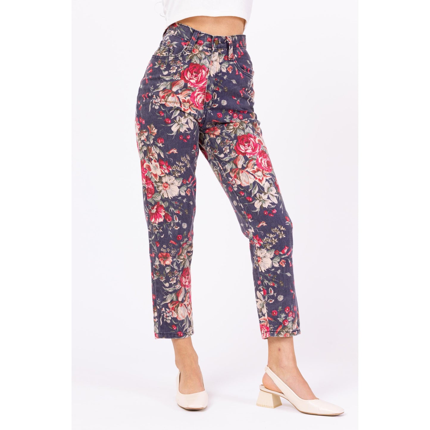 Vintage 90s Rose Print High Rise Jeans - XXS, 23" Waist | Navy Blue Floral Denim Pants, Tapered Leg Mom Jeans