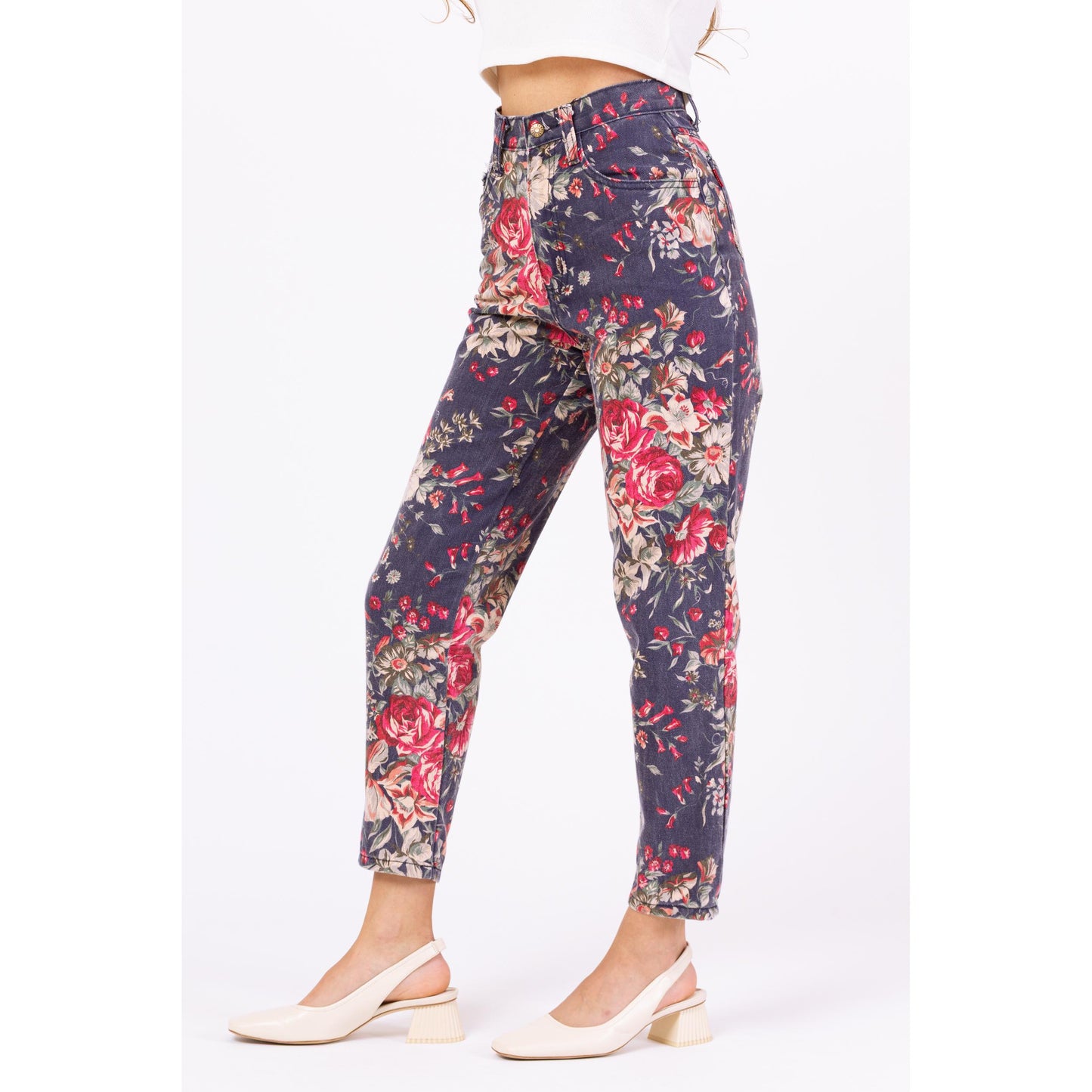 Vintage 90s Rose Print High Rise Jeans - XXS, 23" Waist | Navy Blue Floral Denim Pants, Tapered Leg Mom Jeans