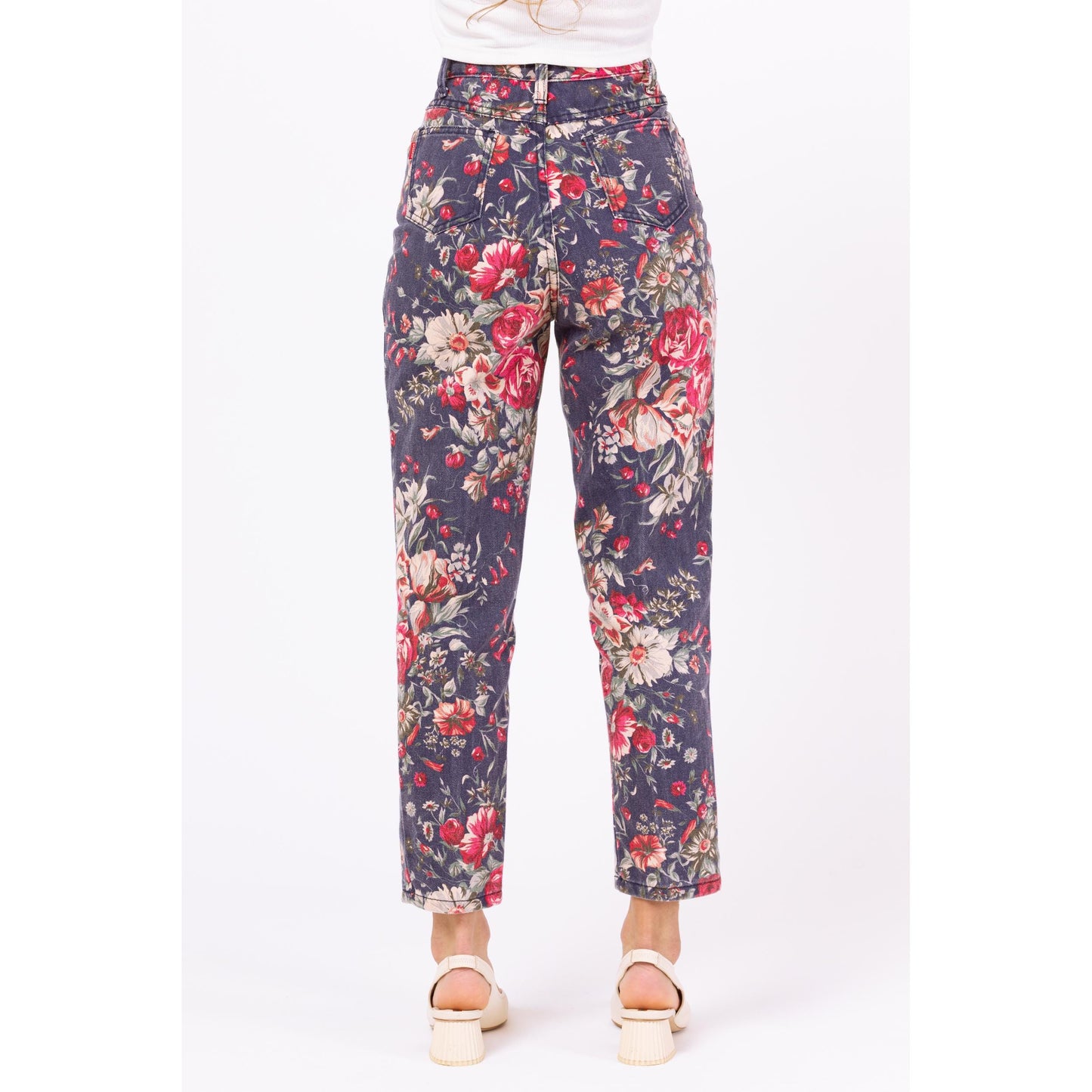 Vintage 90s Rose Print High Rise Jeans - XXS, 23" Waist | Navy Blue Floral Denim Pants, Tapered Leg Mom Jeans
