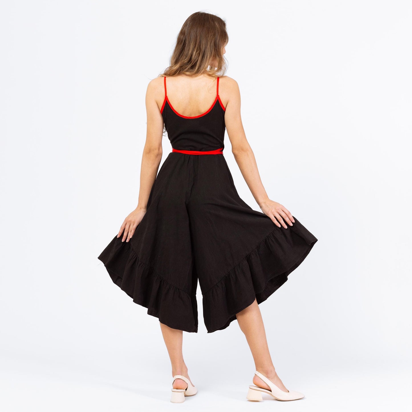 Vintage 70s Black Culotte Romper - XXS | Wrap Wide Leg Beach Pajamas, Retro Resort Wear, Ruffle Summer Capri Jumpsuit