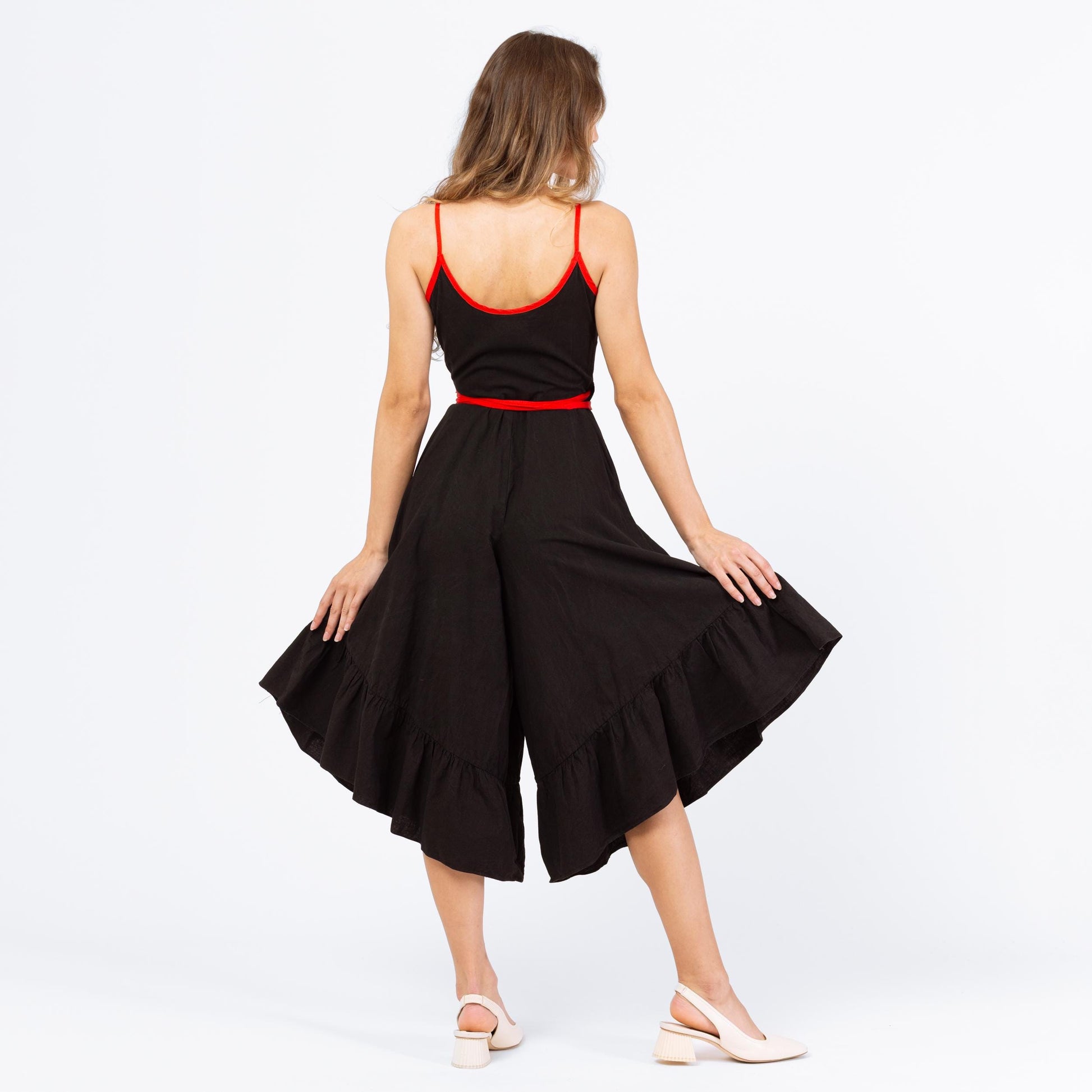 Vintage 70s Black Culotte Romper - XXS | Wrap Wide Leg Beach Pajamas, Retro Resort Wear, Ruffle Summer Capri Jumpsuit