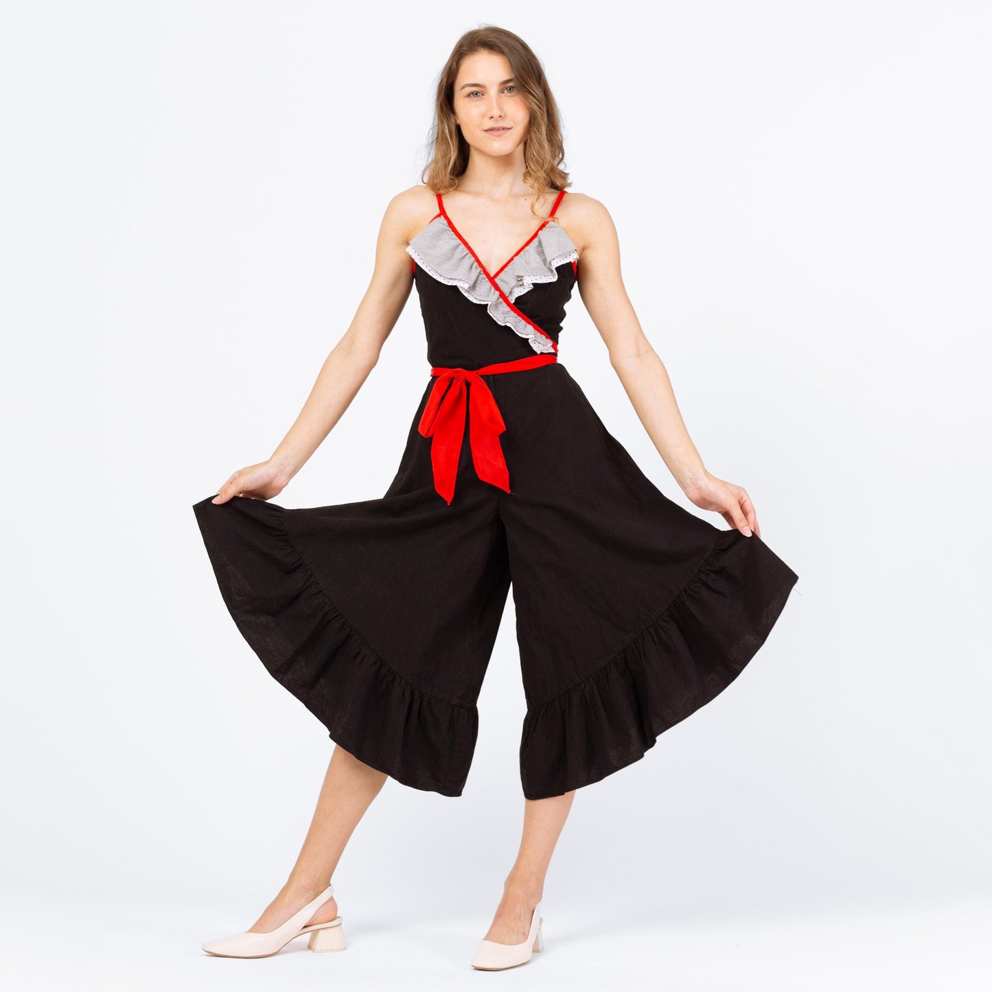 Vintage 70s Black Culotte Romper - XXS | Wrap Wide Leg Beach Pajamas, Retro Resort Wear, Ruffle Summer Capri Jumpsuit