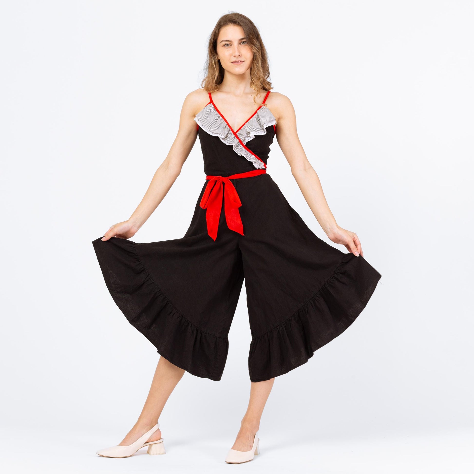 Vintage 70s Black Culotte Romper - XXS | Wrap Wide Leg Beach Pajamas, Retro Resort Wear, Ruffle Summer Capri Jumpsuit