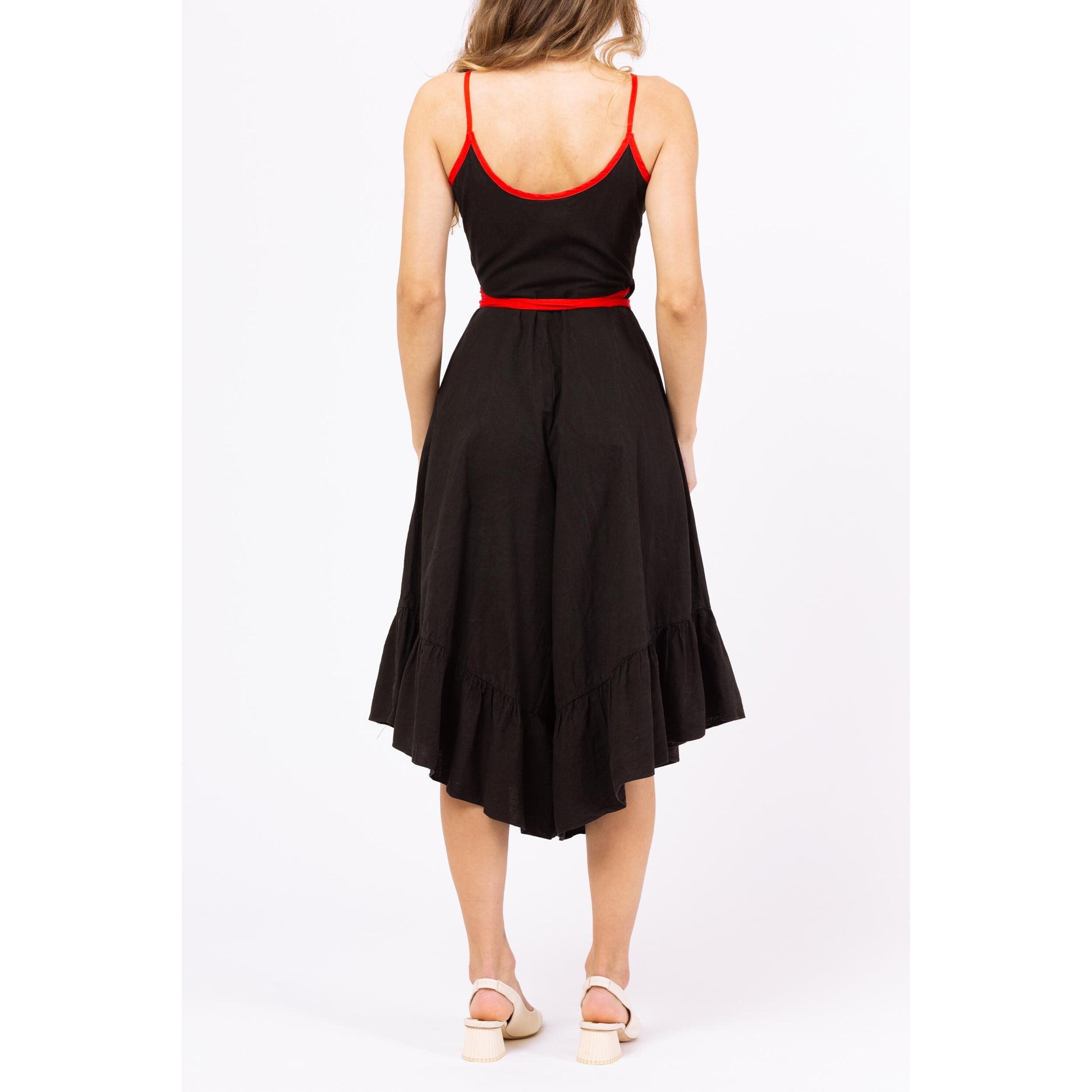 Vintage 70s Black Culotte Romper - XXS | Wrap Wide Leg Beach Pajamas, Retro Resort Wear, Ruffle Summer Capri Jumpsuit