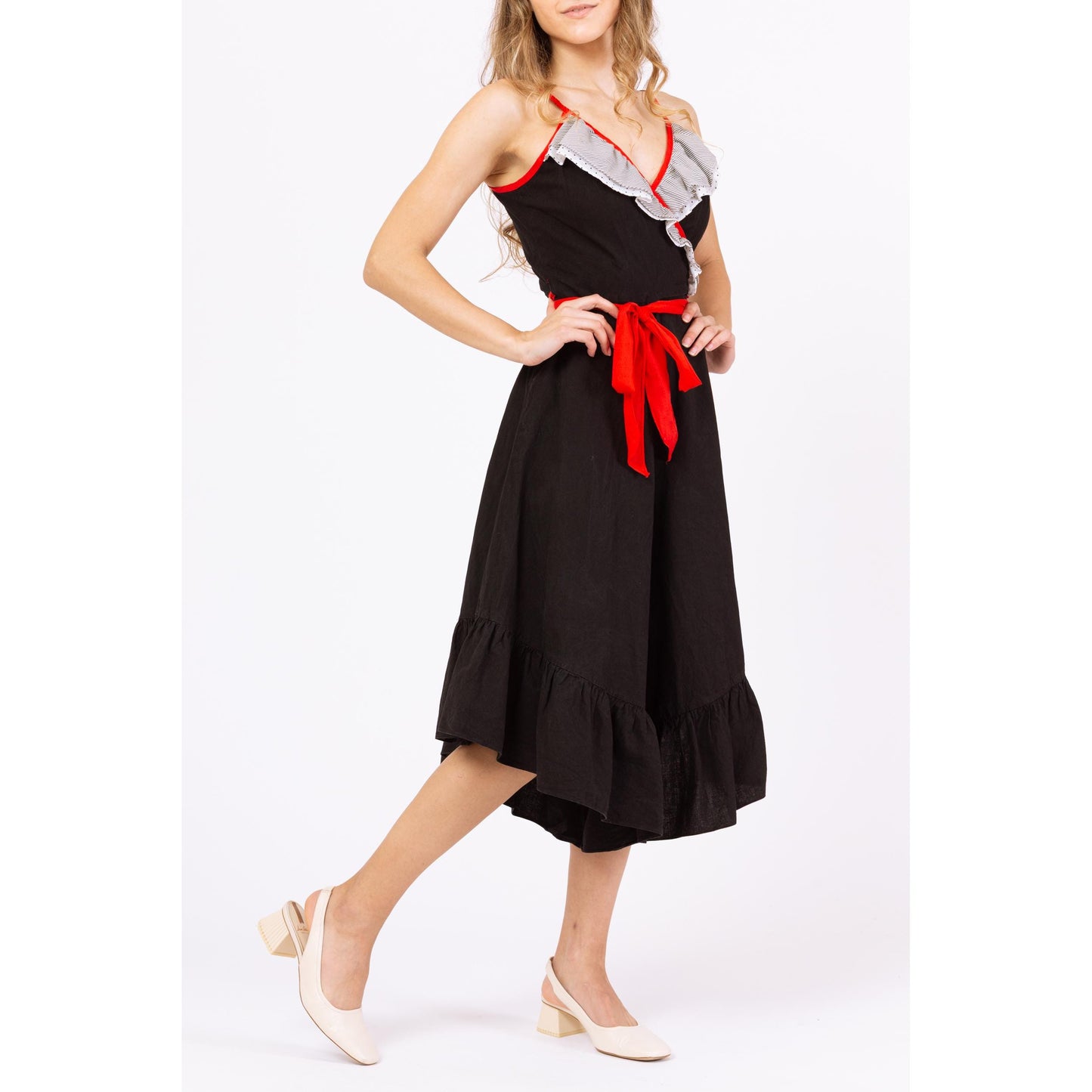 Vintage 70s Black Culotte Romper - XXS | Wrap Wide Leg Beach Pajamas, Retro Resort Wear, Ruffle Summer Capri Jumpsuit