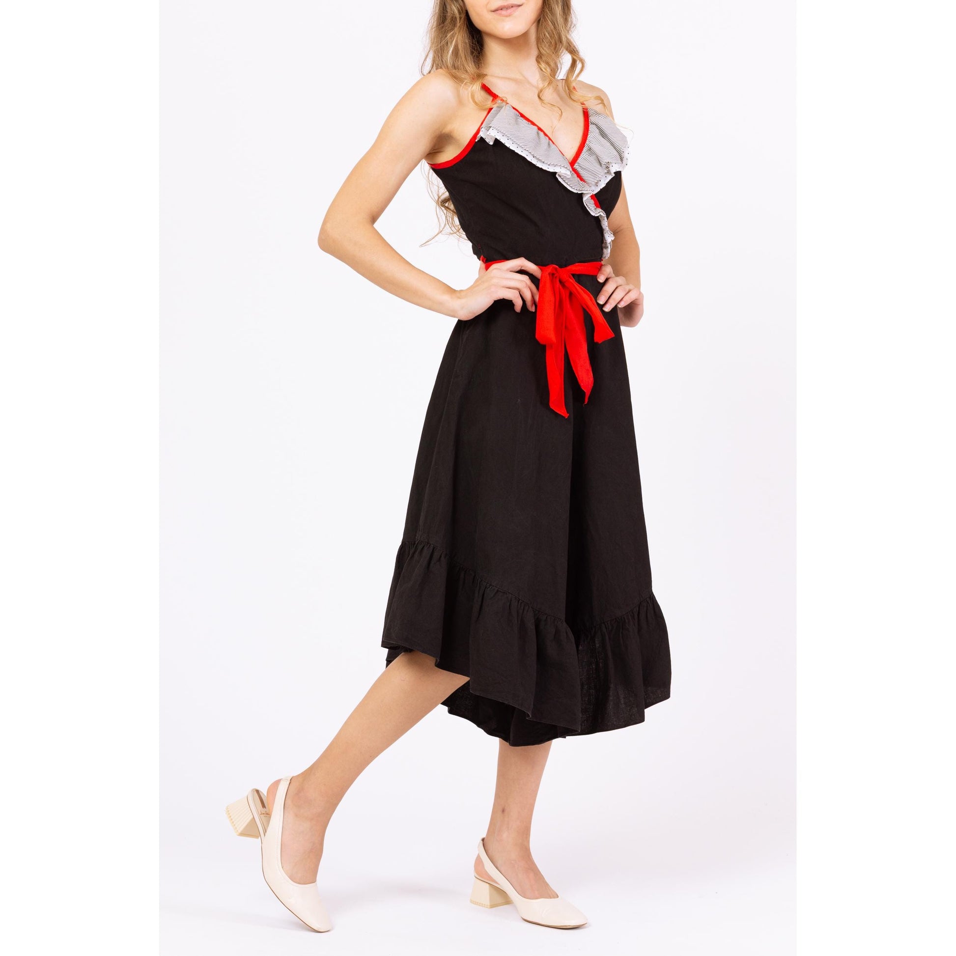 Vintage 70s Black Culotte Romper - XXS | Wrap Wide Leg Beach Pajamas, Retro Resort Wear, Ruffle Summer Capri Jumpsuit