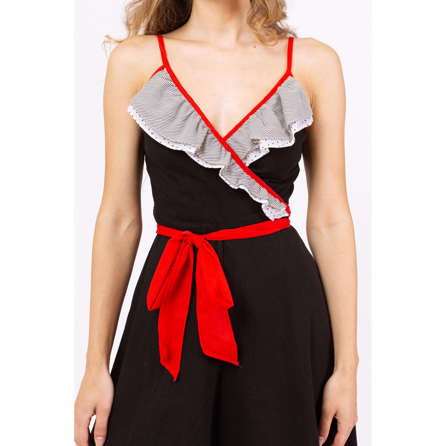 Vintage 70s Black Culotte Romper - XXS | Wrap Wide Leg Beach Pajamas, Retro Resort Wear, Ruffle Summer Capri Jumpsuit