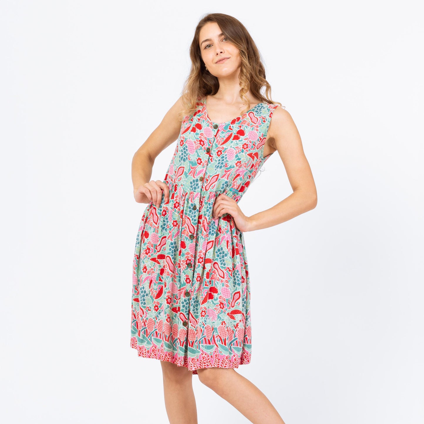 Vintage Y2K Fruit Print Sundress - XXS | Button Front Sleeveless Summer Dress, Boho Casual Festival Outfit
