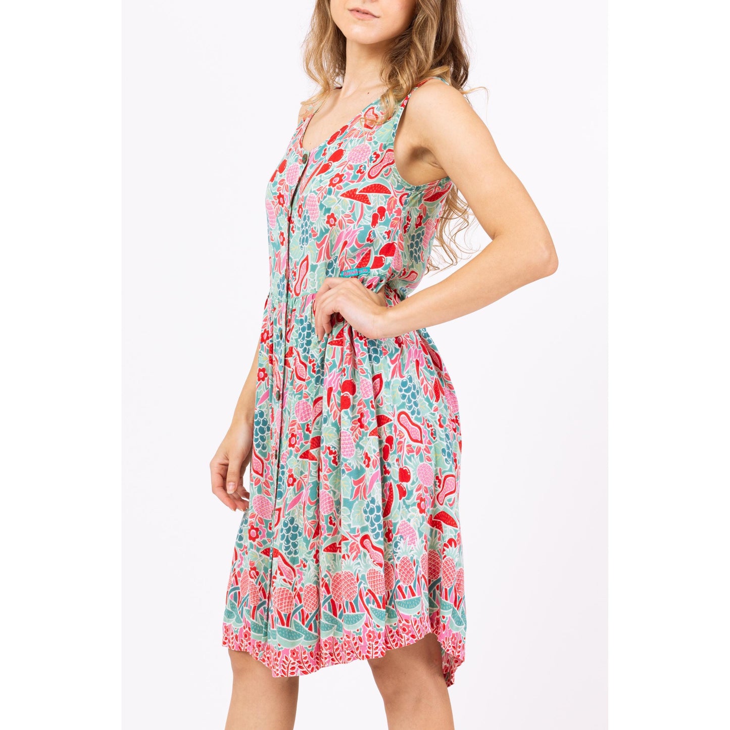 Vintage Y2K Fruit Print Sundress - XXS | Button Front Sleeveless Summer Dress, Boho Casual Festival Outfit