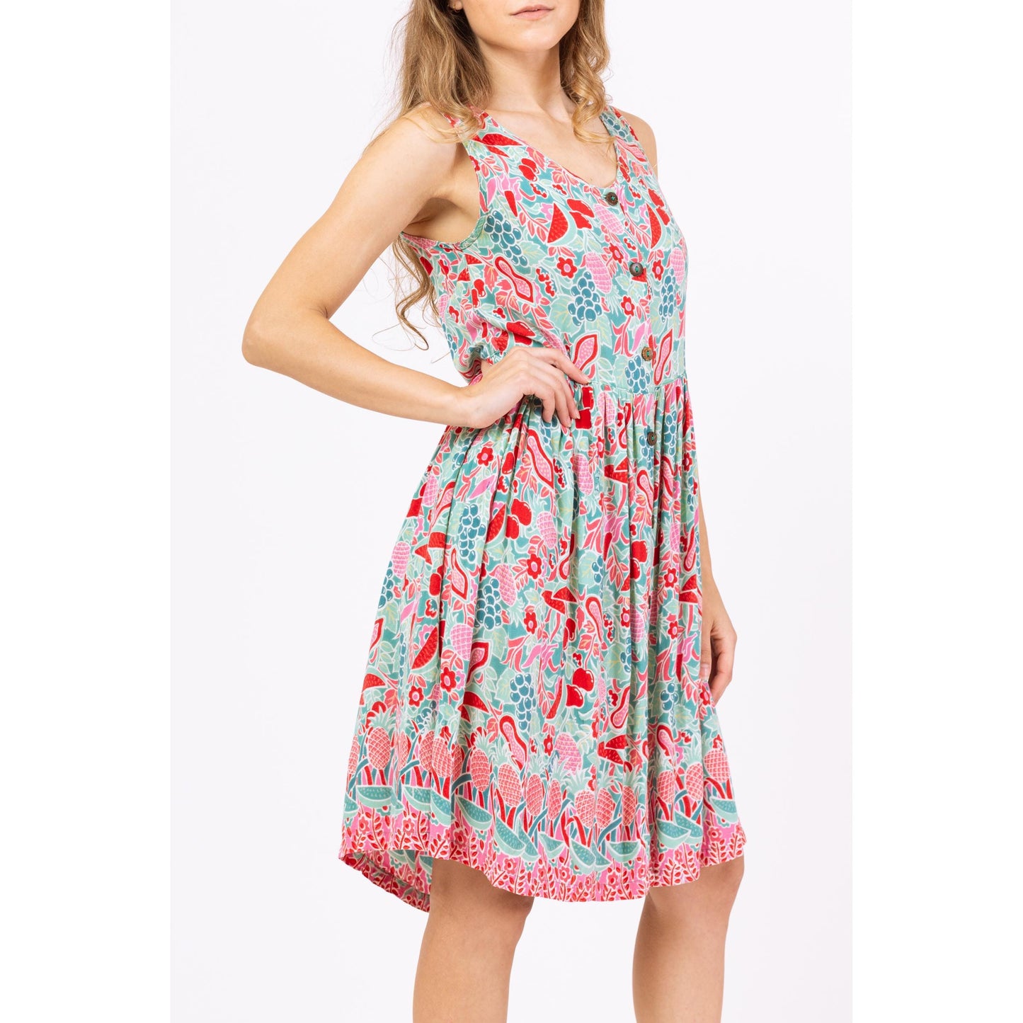 Vintage Y2K Fruit Print Sundress - XXS | Button Front Sleeveless Summer Dress, Boho Casual Festival Outfit