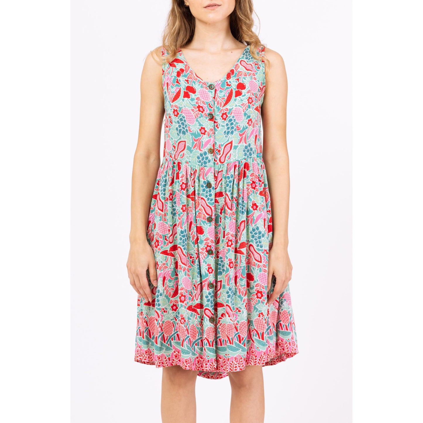 Vintage Y2K Fruit Print Sundress - XXS | Button Front Sleeveless Summer Dress, Boho Casual Festival Outfit