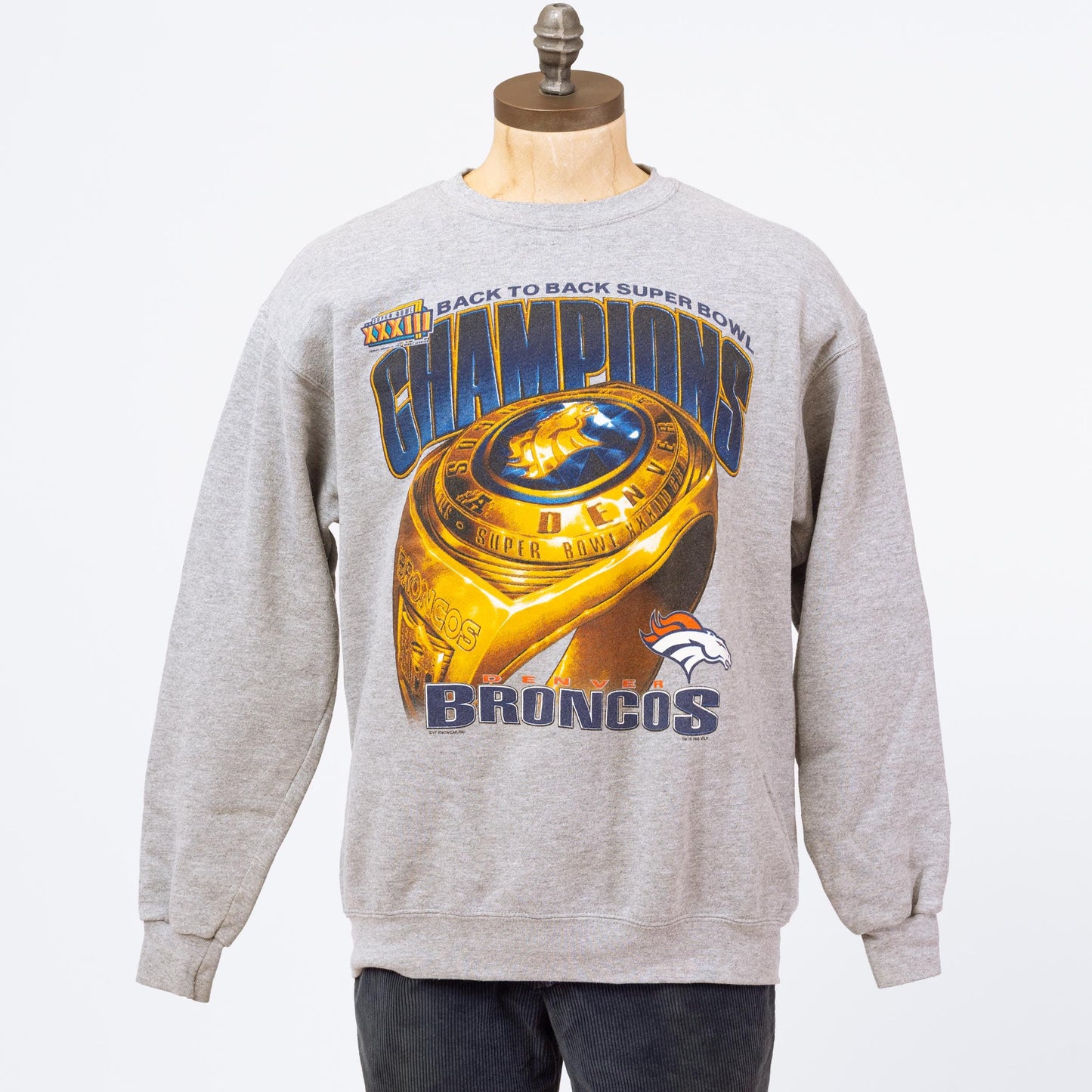 3 Vintage 90s Denver Broncos Super Bowl XXXIII NFL Sweatshirt - Large | 1999 Football Graphic Heather Gray Crewneck Pullover Sweater