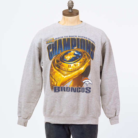 3 Vintage 90s Denver Broncos Super Bowl XXXIII NFL Sweatshirt - Large | 1999 Football Graphic Heather Gray Crewneck Pullover Sweater