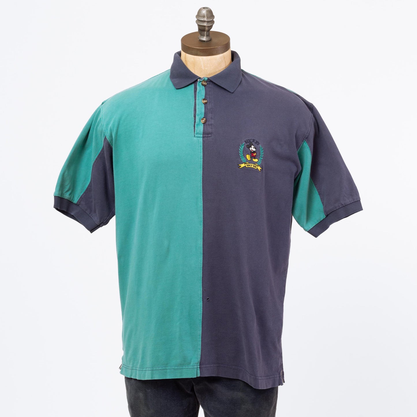 3 Vintage 90s Mickey Mouse Color Block Polo Shirt - Large | Blue Green Collared Disney Cartoon Streetwear Shirt