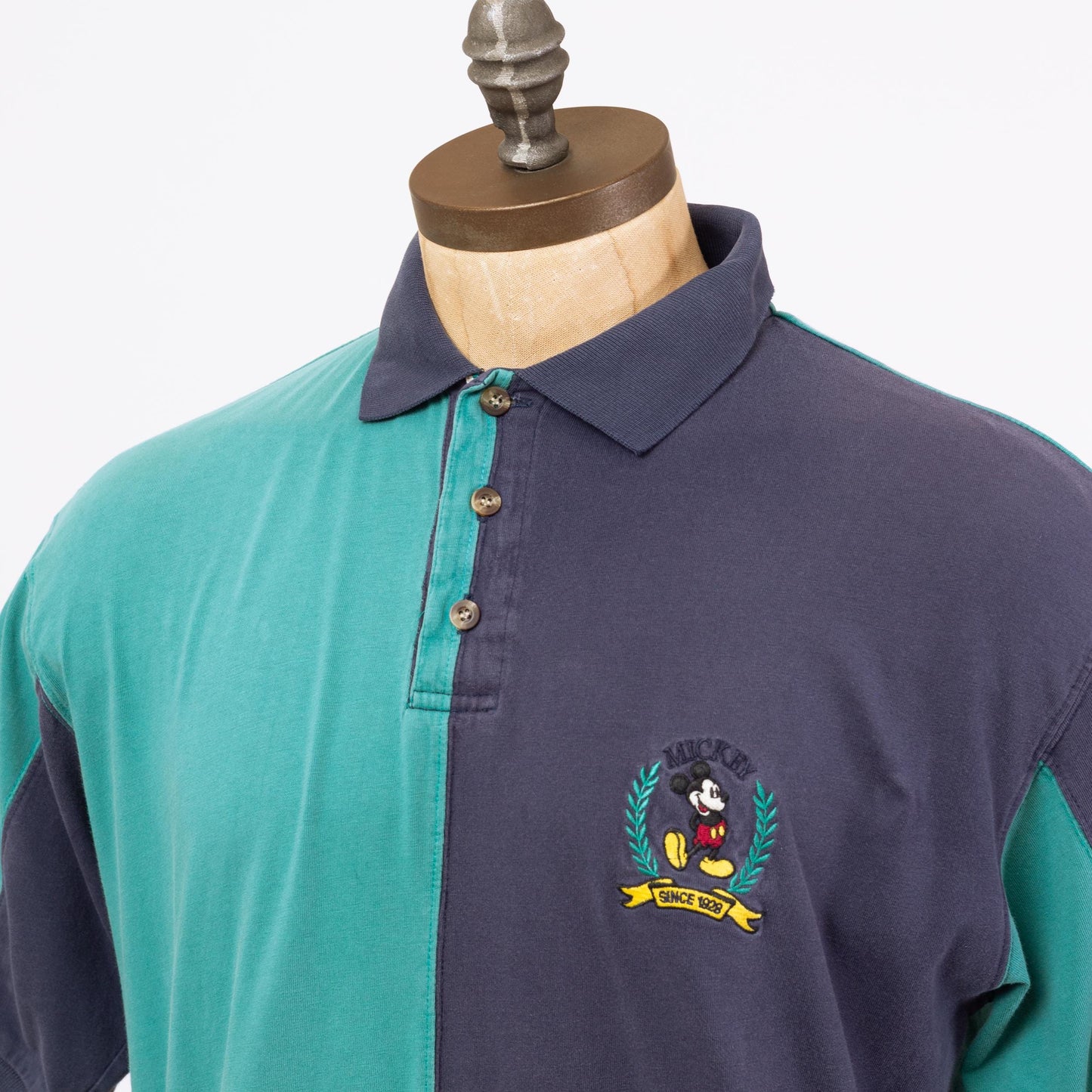 3 Vintage 90s Mickey Mouse Color Block Polo Shirt - Large | Blue Green Collared Disney Cartoon Streetwear Shirt