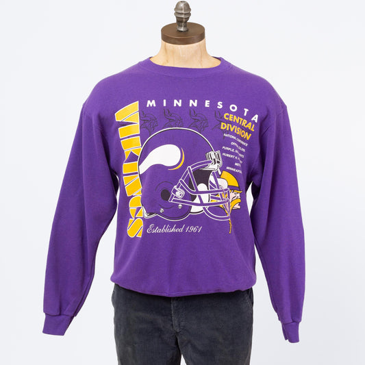 3 Vintage 90s Minnesota Vikings NFL Sweatshirt - Medium to Large | Purple Football Helmet Graphic Athletic Crewneck Pullover Sweater