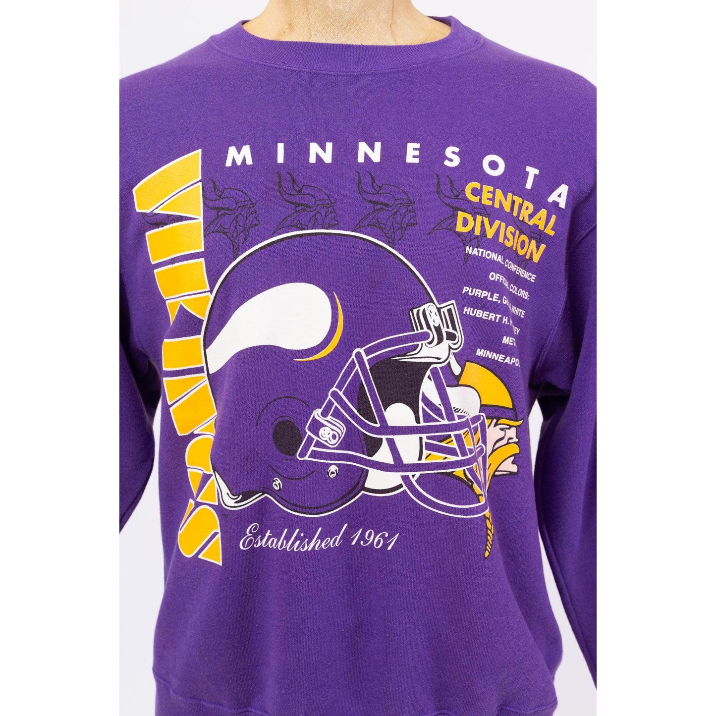 3 Vintage 90s Minnesota Vikings NFL Sweatshirt - Medium to Large | Purple Football Helmet Graphic Athletic Crewneck Pullover Sweater