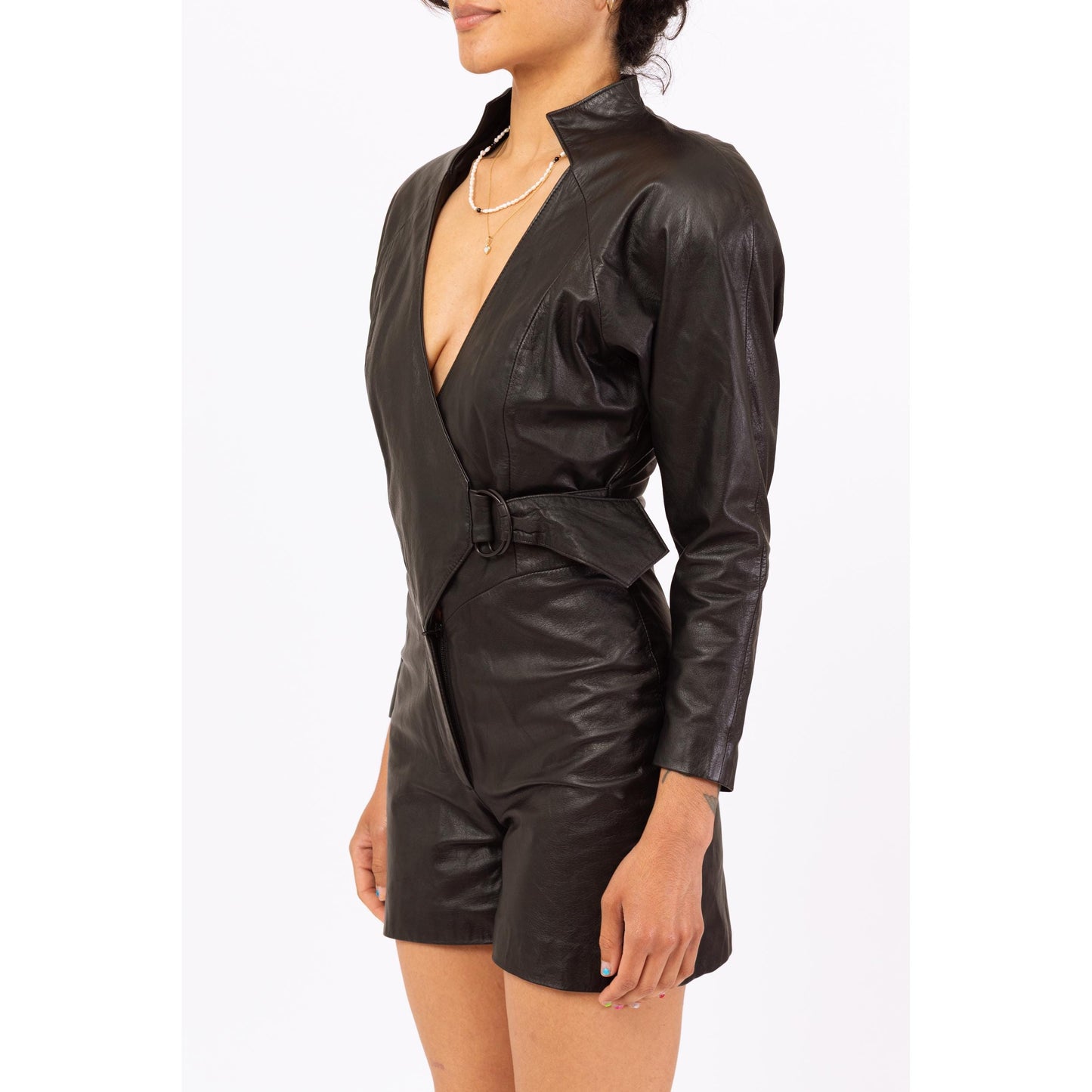 Vintage 80s Black Leather Biker Chic Romper - Small | V Neck Belted Short Moto Jumpsuit, Futuristic Goth Punk Outfit