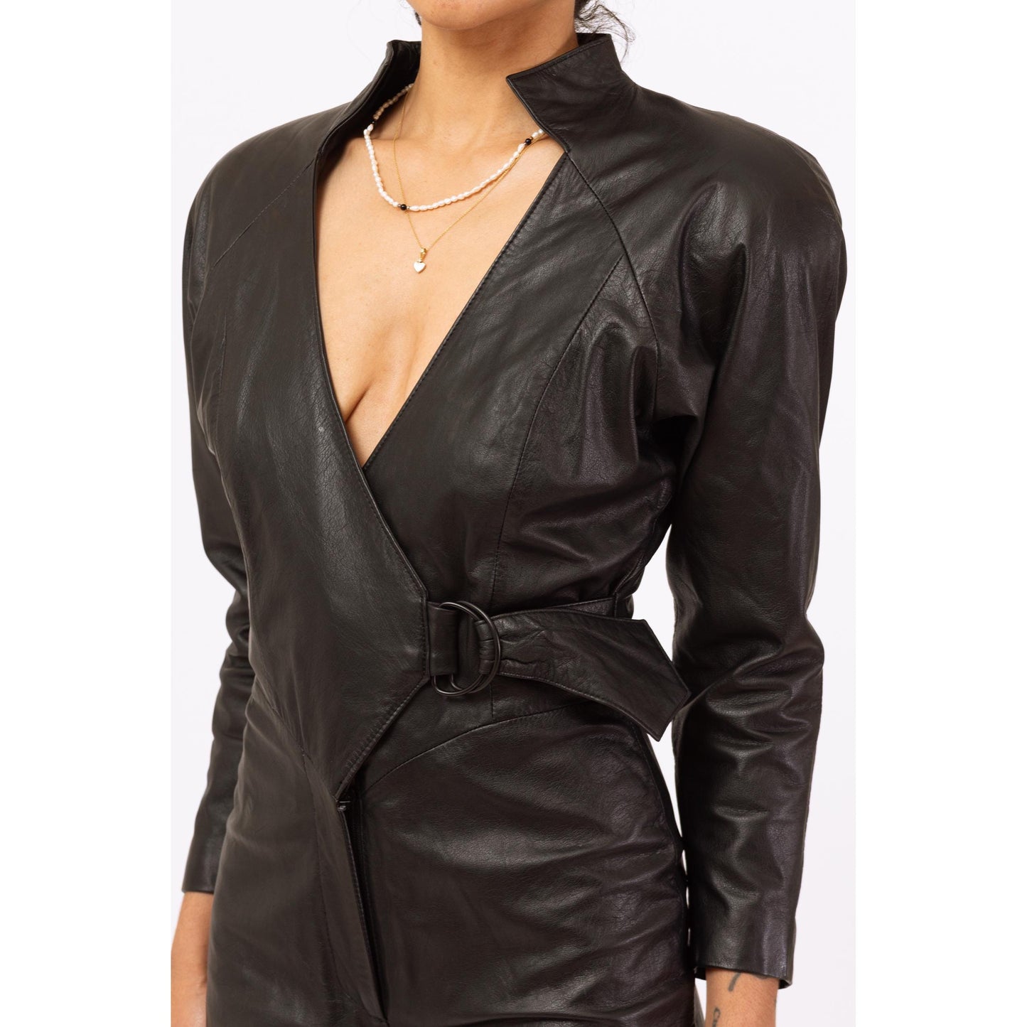 Vintage 80s Black Leather Biker Chic Romper - Small | V Neck Belted Short Moto Jumpsuit, Futuristic Goth Punk Outfit