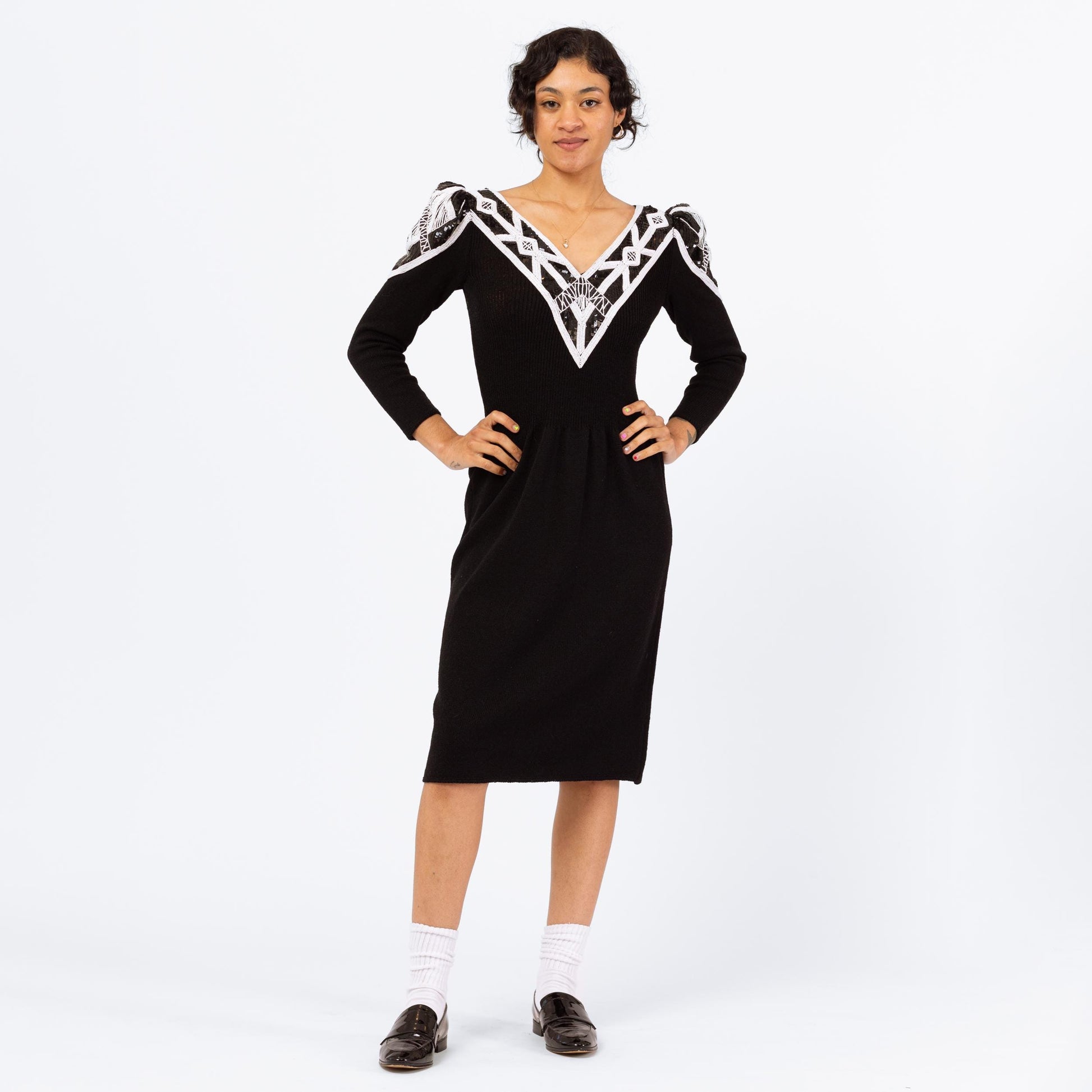 Vintage 80s Pat Sandler Black & White Beaded Knit Midi Sweater Dress - Small to Medium | Designer Long Sleeve Glam Formal Cocktail Dress