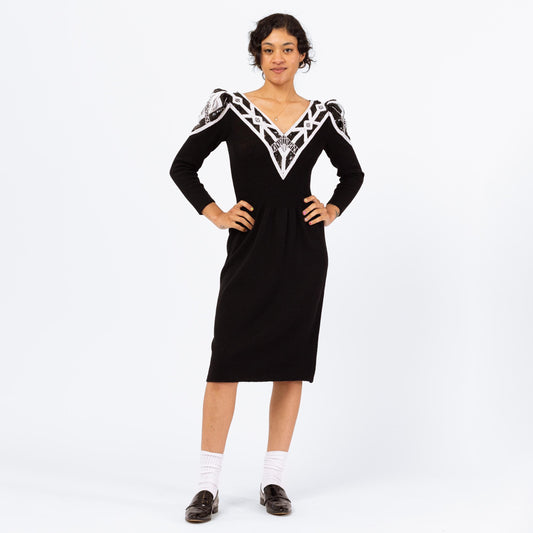 Vintage 80s Pat Sandler Black & White Beaded Knit Midi Sweater Dress - Small to Medium | Designer Long Sleeve Glam Formal Cocktail Dress