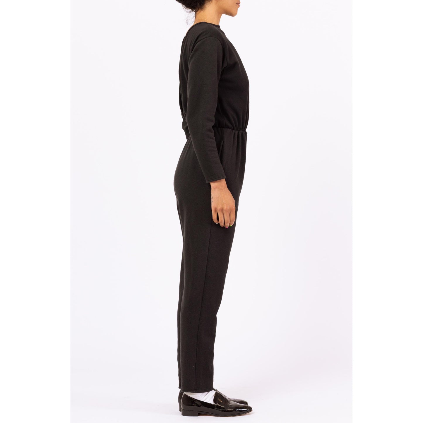 Vintage 80s Black Deep V Lounge Jumpsuit - Small to Medium | Long Sleeve Sweatshirt One Piece, Minimalist Pantsuit
