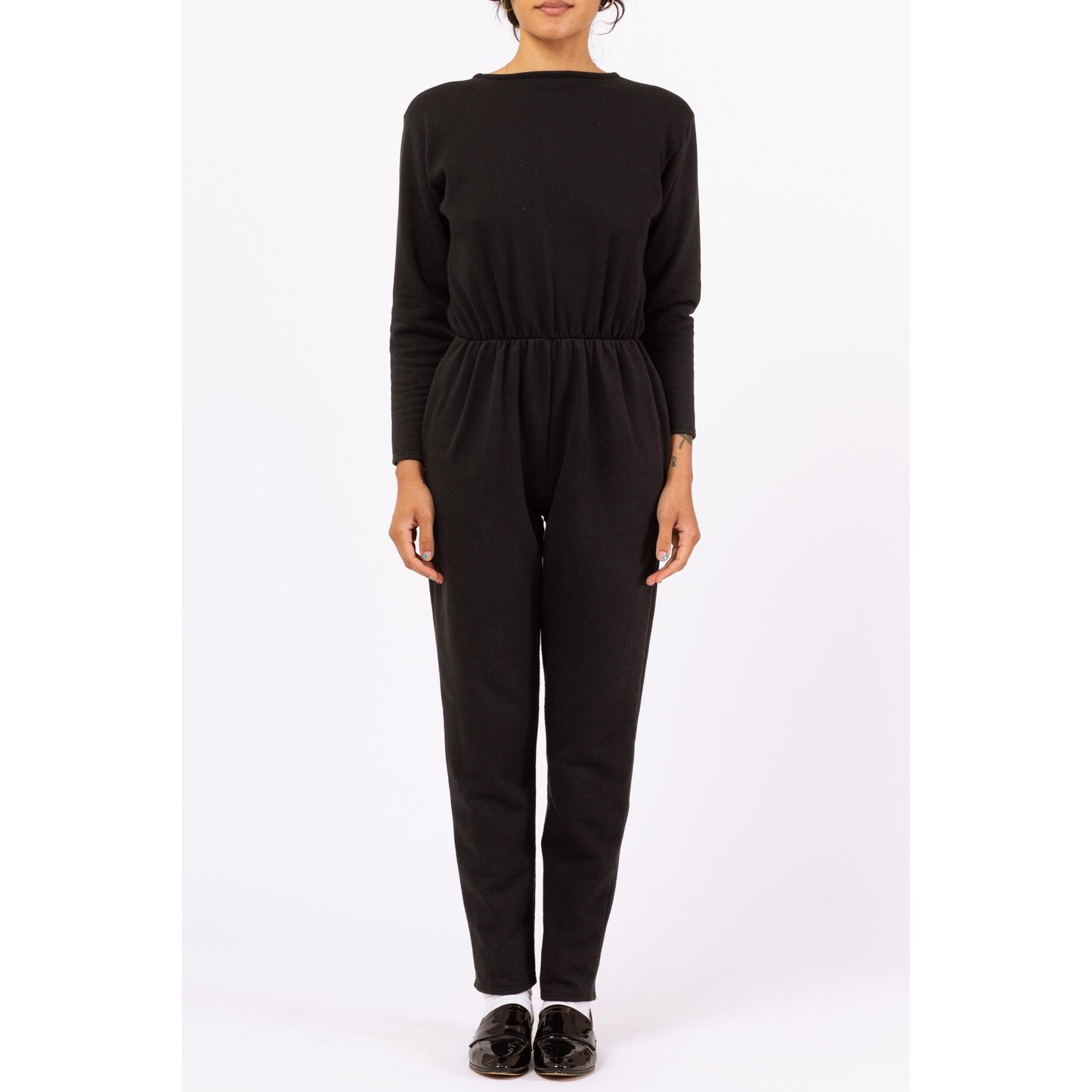Vintage 80s Black Deep V Lounge Jumpsuit - Small to Medium | Long Sleeve Sweatshirt One Piece, Minimalist Pantsuit