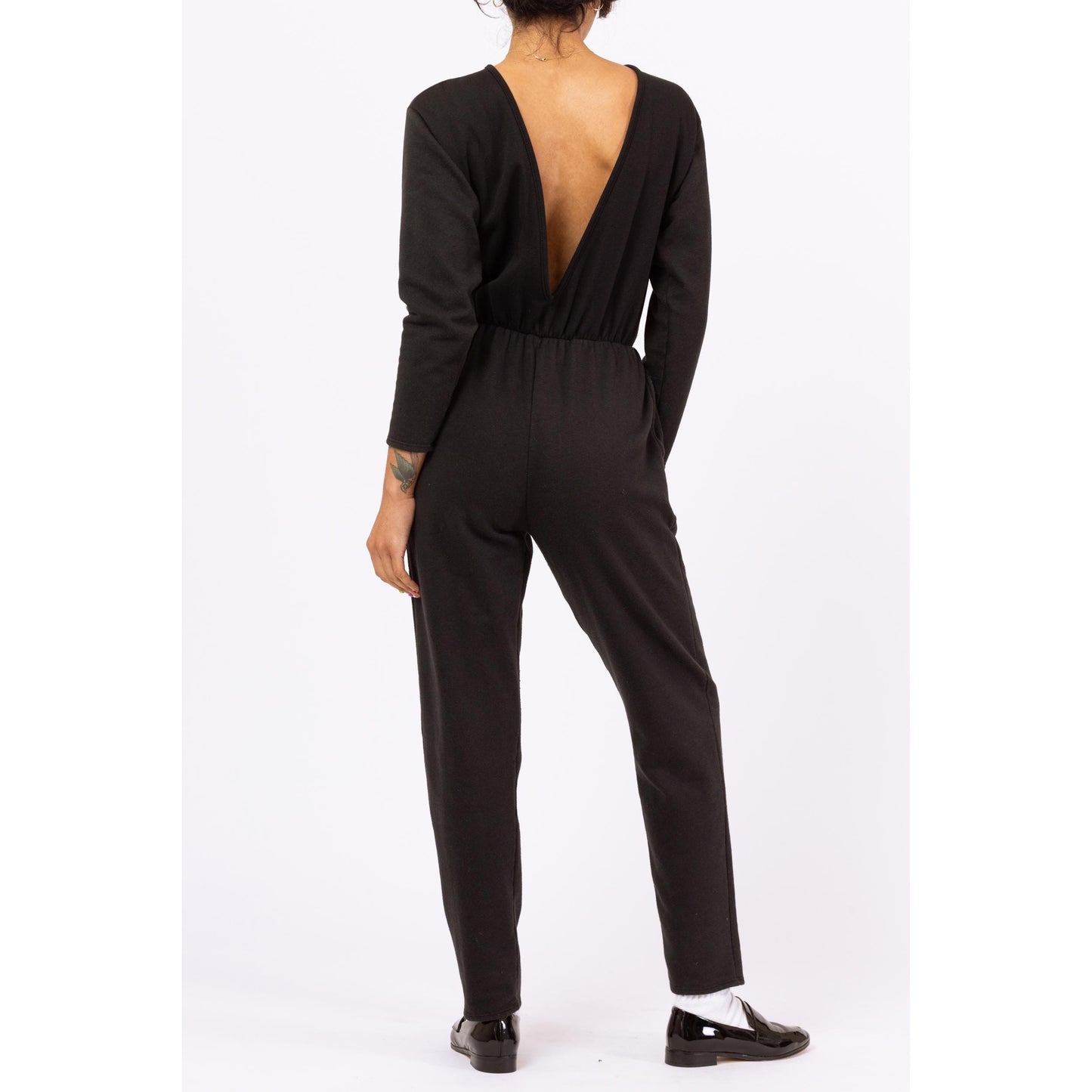 Vintage 80s Black Deep V Lounge Jumpsuit - Small to Medium | Long Sleeve Sweatshirt One Piece, Minimalist Pantsuit