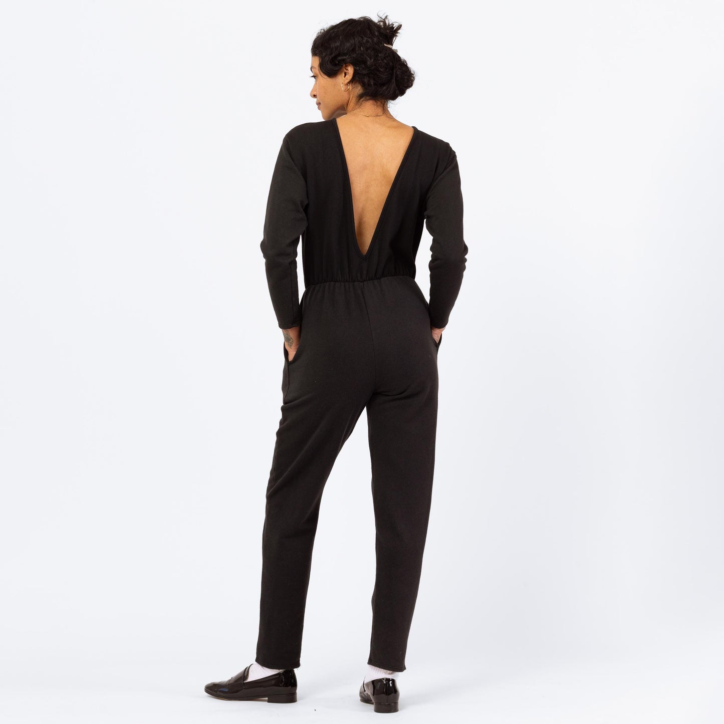 Vintage 80s Black Deep V Lounge Jumpsuit - Small to Medium | Long Sleeve Sweatshirt One Piece, Minimalist Pantsuit