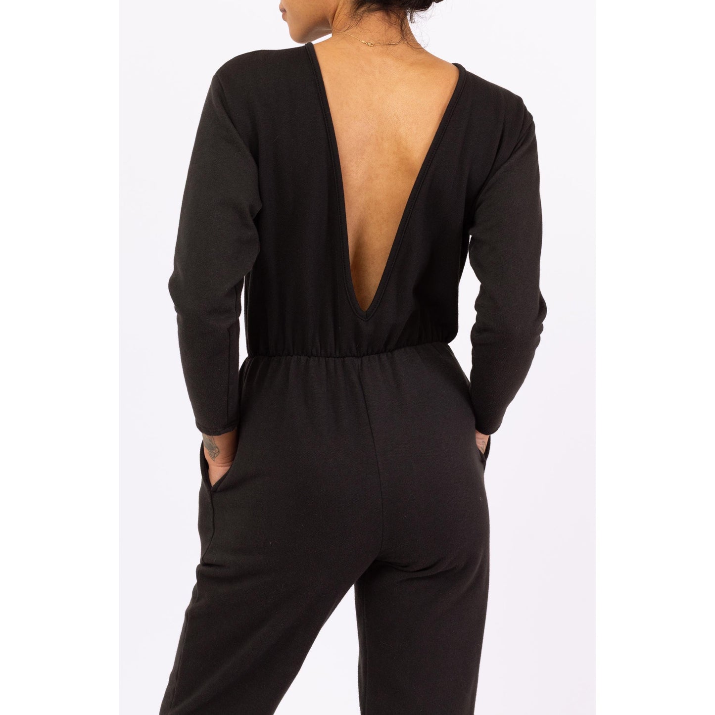 Vintage 80s Black Deep V Lounge Jumpsuit - Small to Medium | Long Sleeve Sweatshirt One Piece, Minimalist Pantsuit