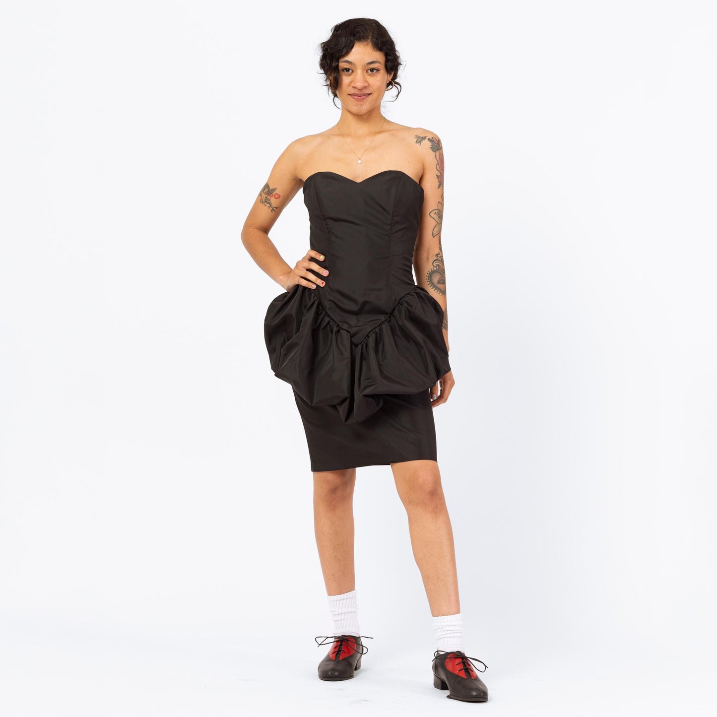 Vintage 80s Black Peplum Rose Party Dress - Small | Strapless Bubble Skirt Mini Dress, Retro 1980s Prom Dress