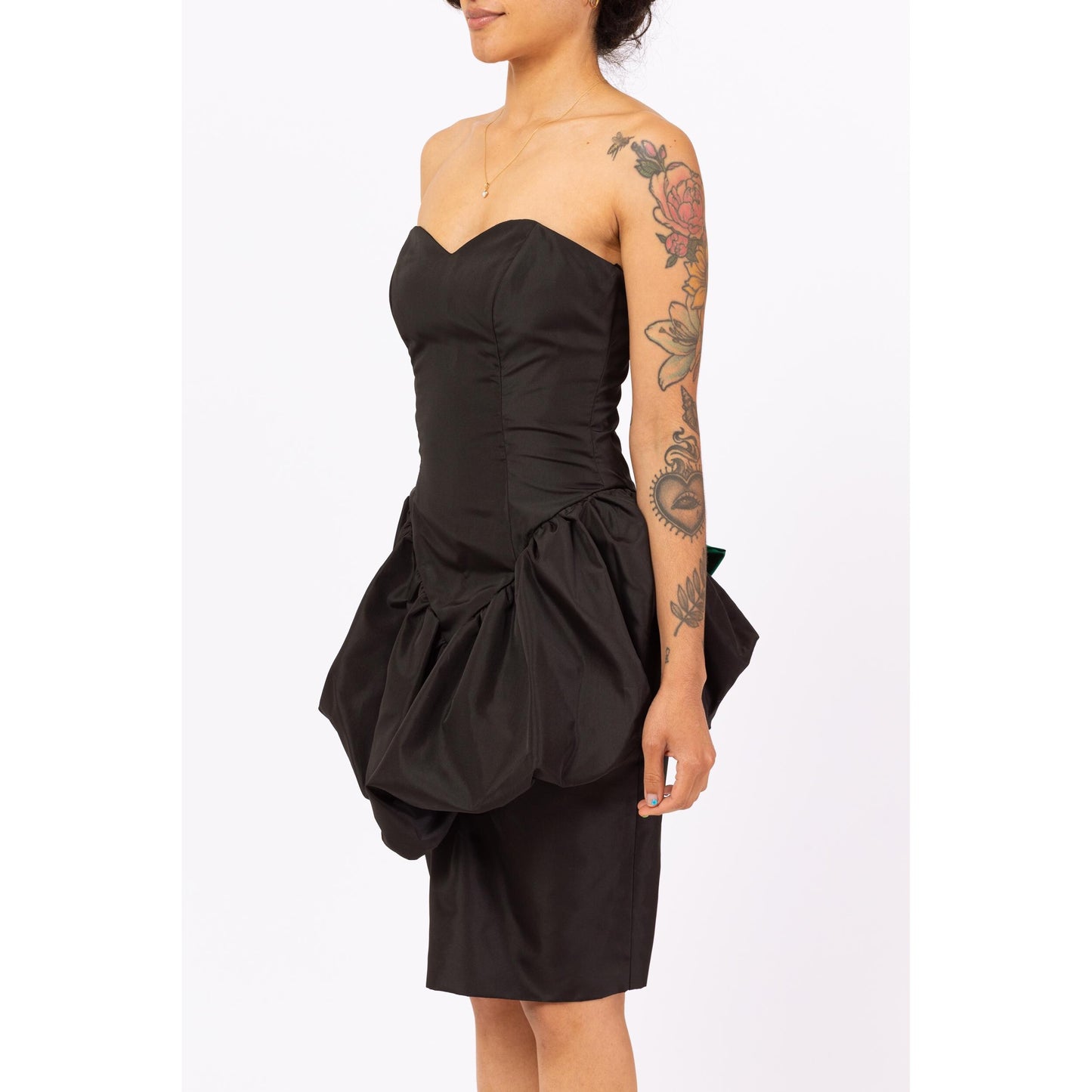 Vintage 80s Black Peplum Rose Party Dress - Small | Strapless Bubble Skirt Mini Dress, Retro 1980s Prom Dress