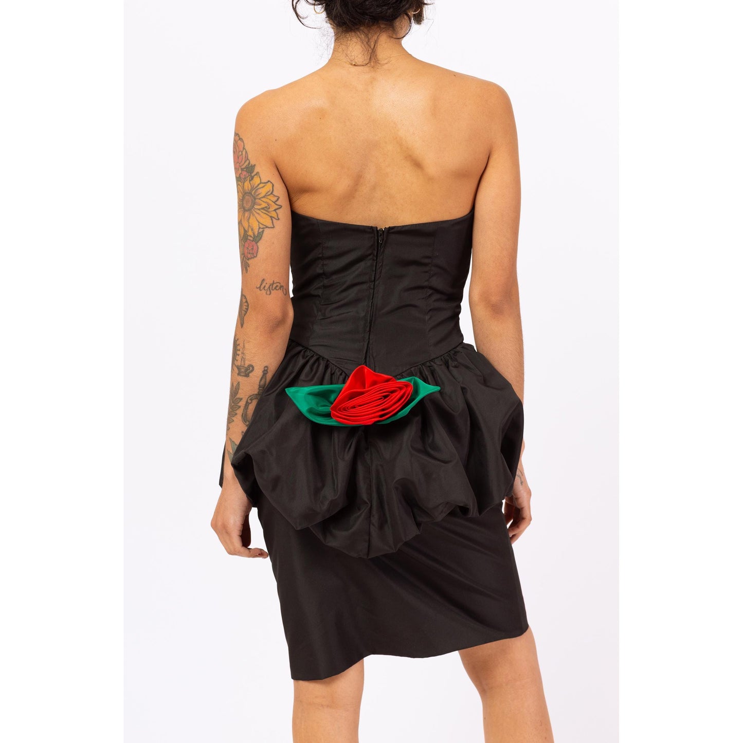 Vintage 80s Black Peplum Rose Party Dress - Small | Strapless Bubble Skirt Mini Dress, Retro 1980s Prom Dress