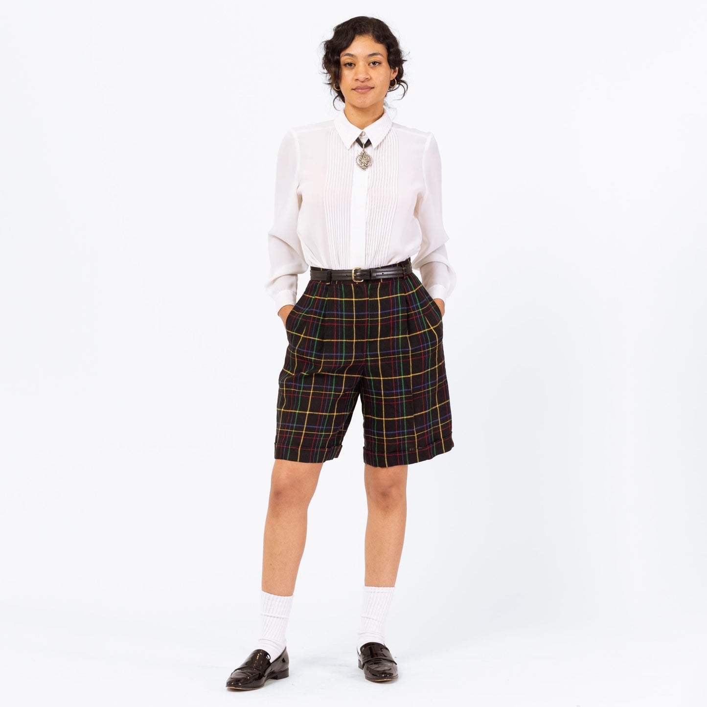 Vintage 90s Black Rainbow Plaid Linen Shorts - Small, 26" Waist | High Waisted Pleated Wide Leg Long Cuffed Shorts