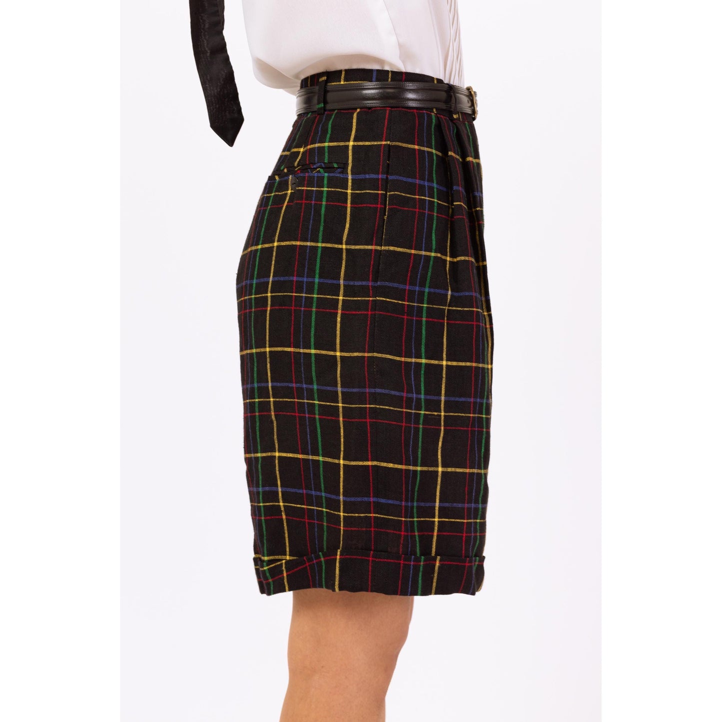Vintage 90s Black Rainbow Plaid Linen Shorts - Small, 26" Waist | High Waisted Pleated Wide Leg Long Cuffed Shorts