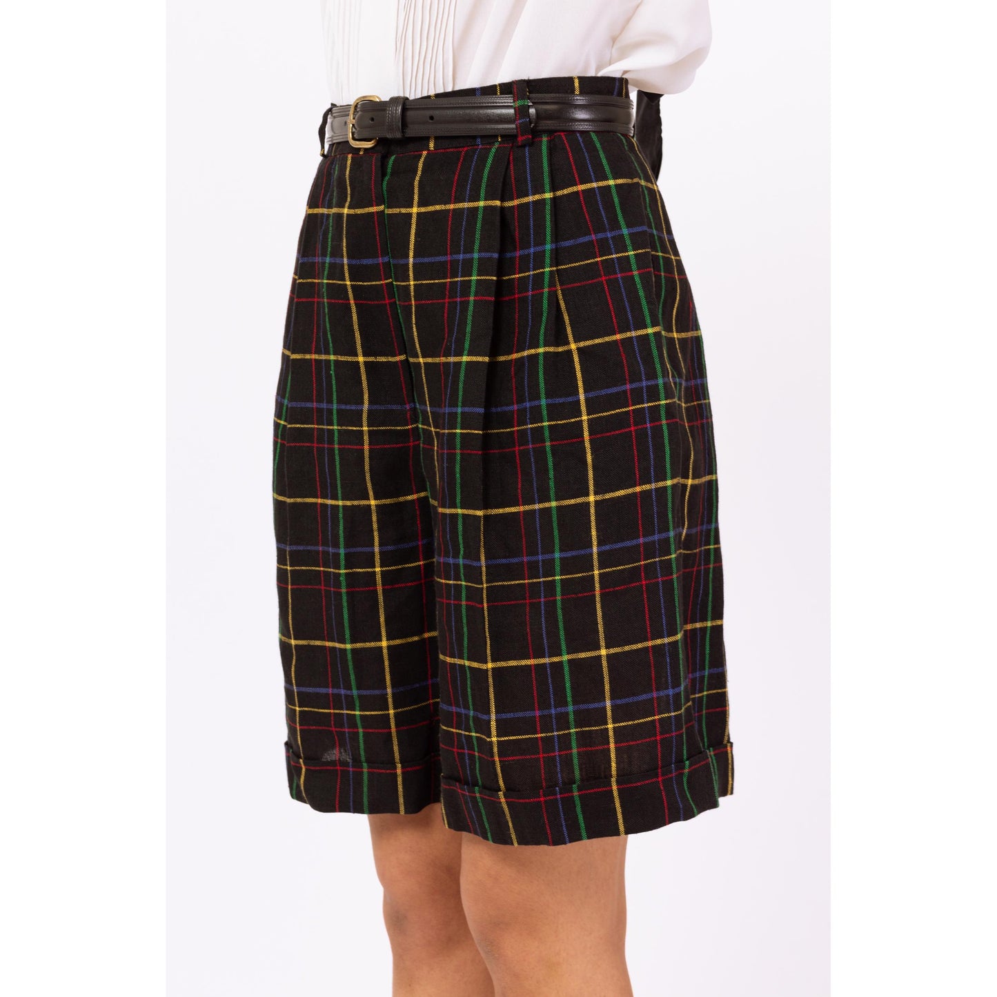 Vintage 90s Black Rainbow Plaid Linen Shorts - Small, 26" Waist | High Waisted Pleated Wide Leg Long Cuffed Shorts