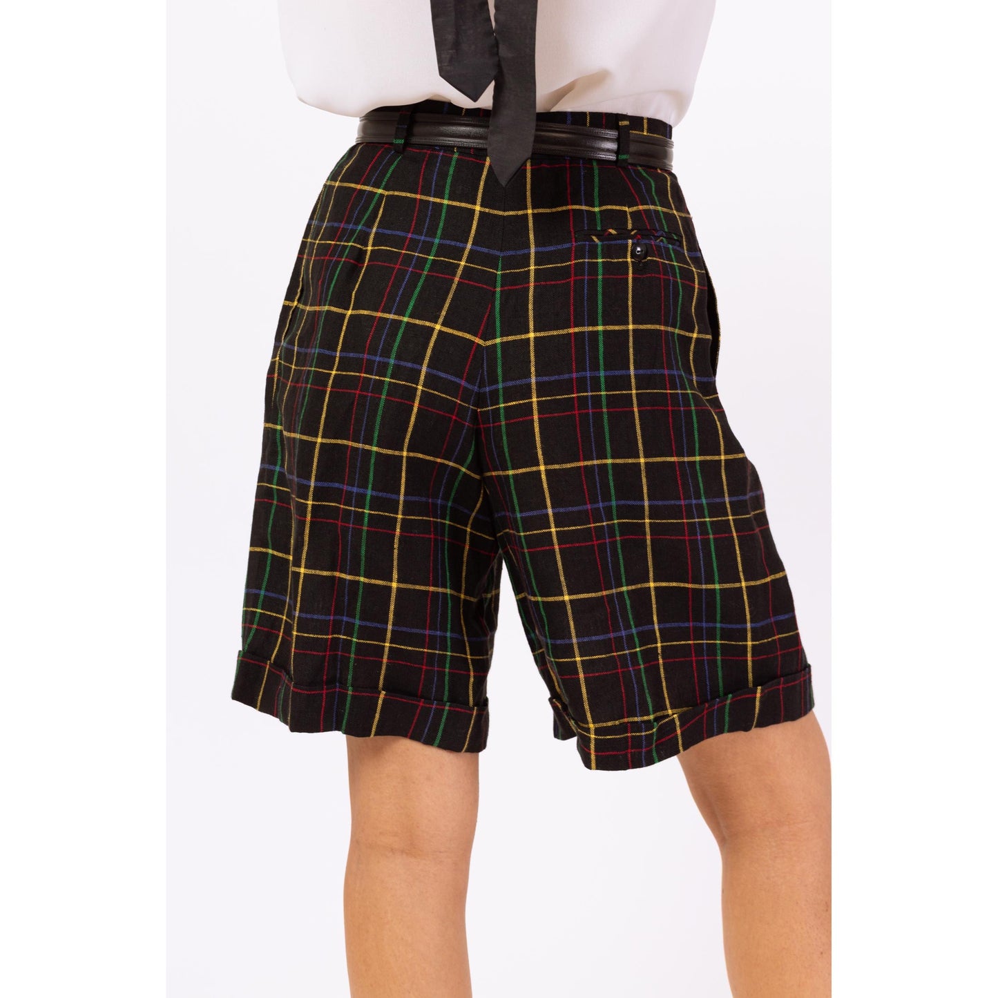 Vintage 90s Black Rainbow Plaid Linen Shorts - Small, 26" Waist | High Waisted Pleated Wide Leg Long Cuffed Shorts