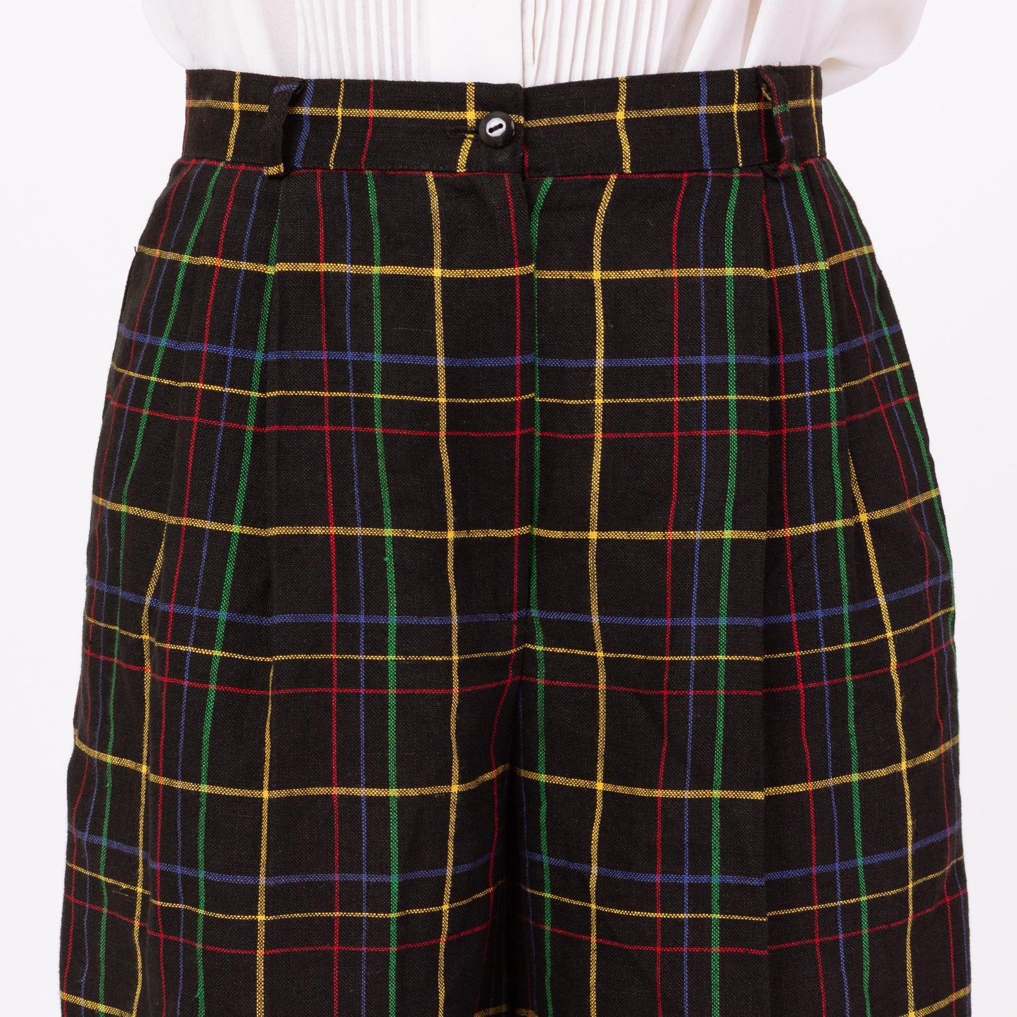 Vintage 90s Black Rainbow Plaid Linen Shorts - Small, 26" Waist | High Waisted Pleated Wide Leg Long Cuffed Shorts
