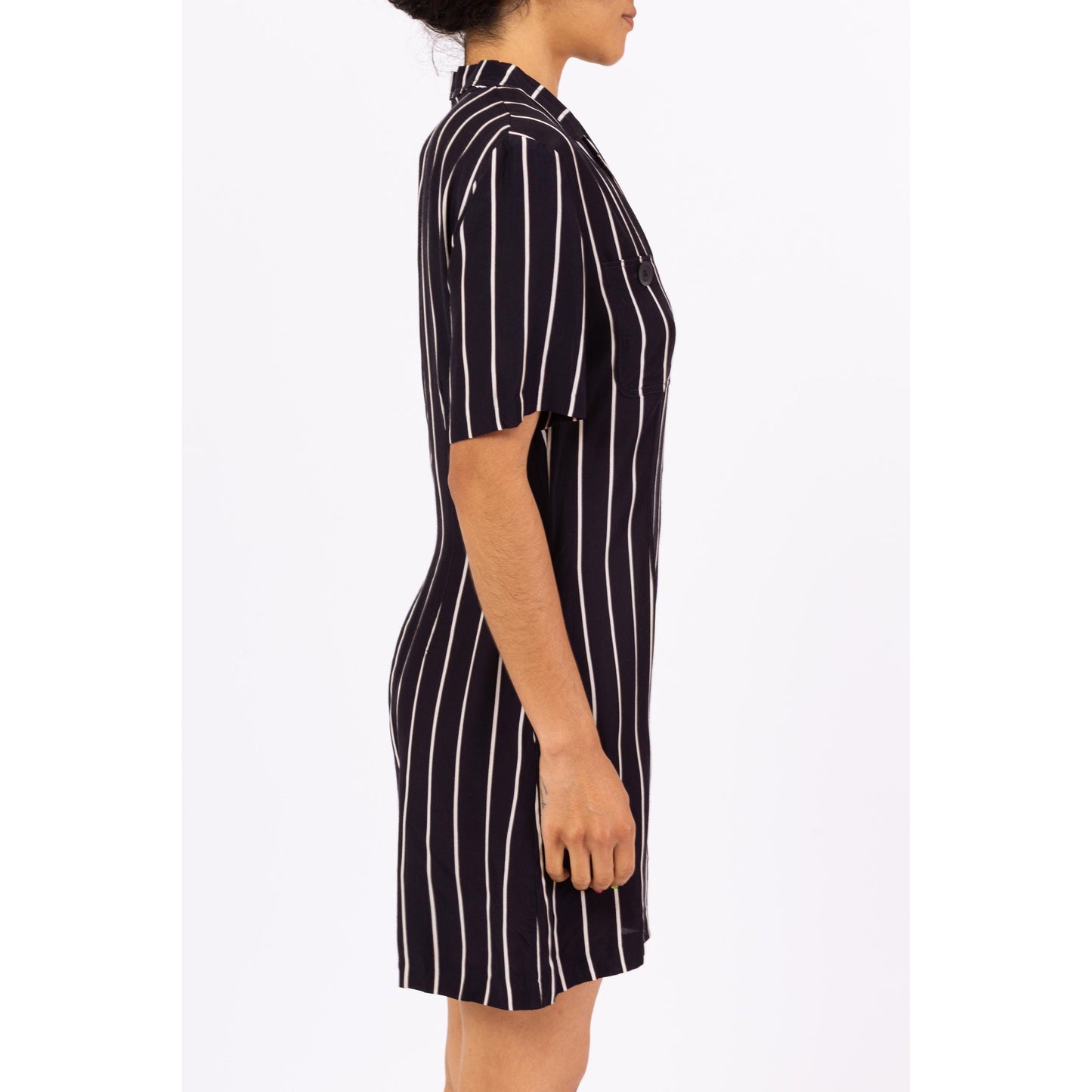 Vintage 90s Navy Blue Pinstriped Romper - Small | Minimalist Short Sleeve Collared Grunge Playsuit