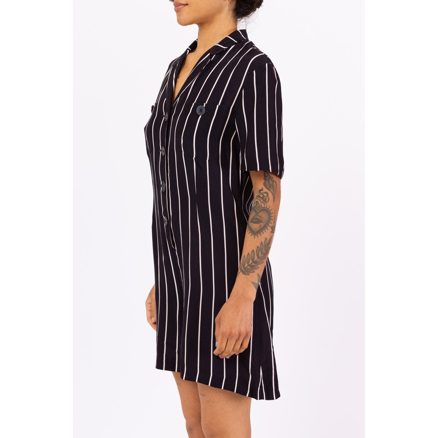 Vintage 90s Navy Blue Pinstriped Romper - Small | Minimalist Short Sleeve Collared Grunge Playsuit