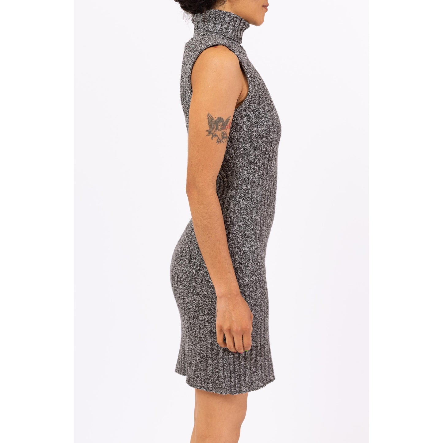 Vintage 90s Grey Ribbed Knit Mini Sweater Dress - Small to Medium | Minimalist Sleeveless Turtleneck Marled Knit Bodycon Dress